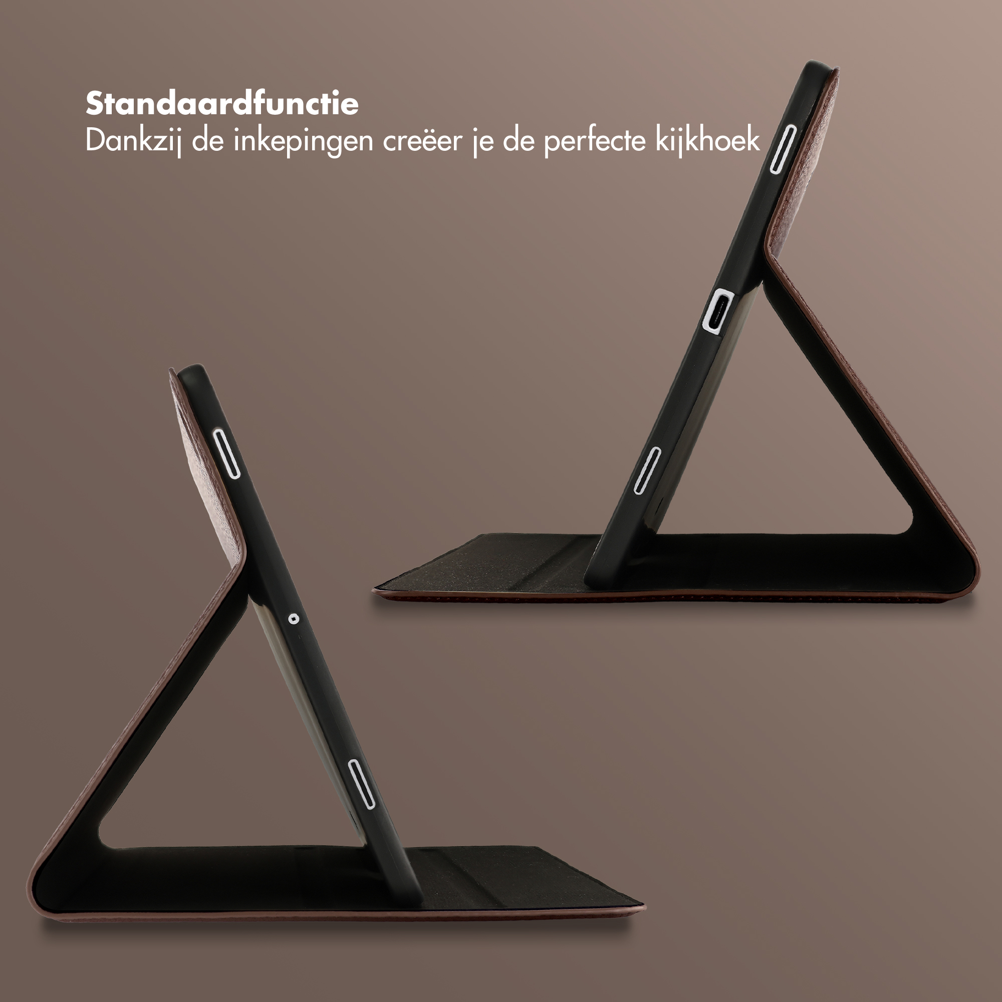Brown tablet case in stand function, showing two different viewing angles.