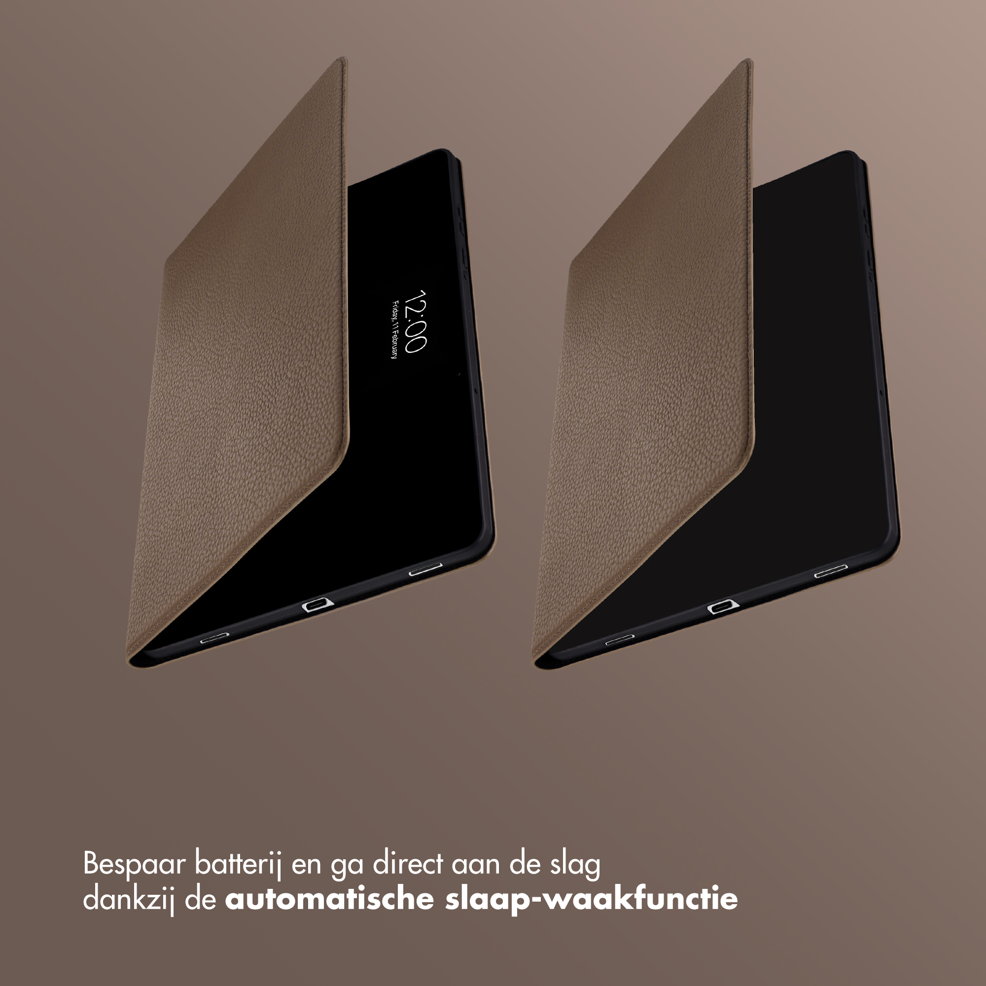 Two brown tablet cases with open covers revealing tablets.