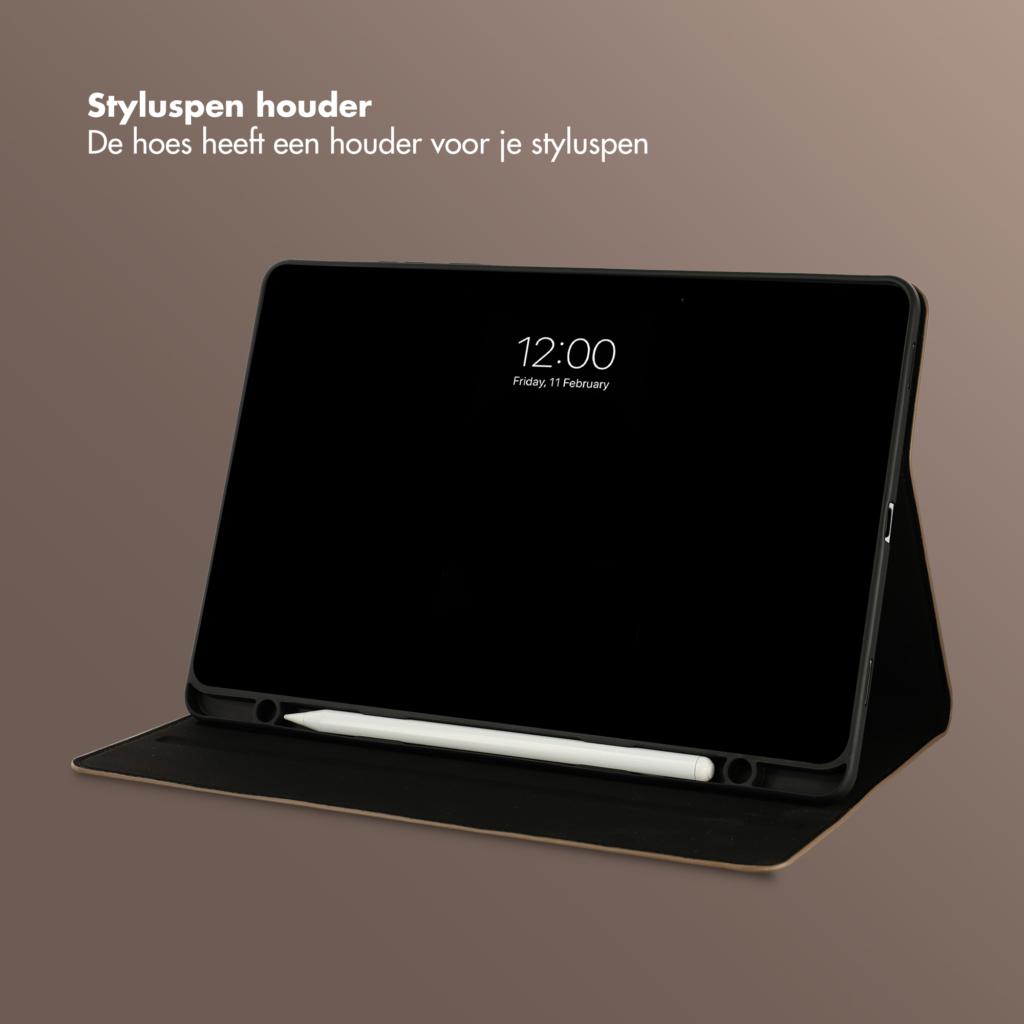 A tablet with a stylus holder and a white stylus on a brown background.