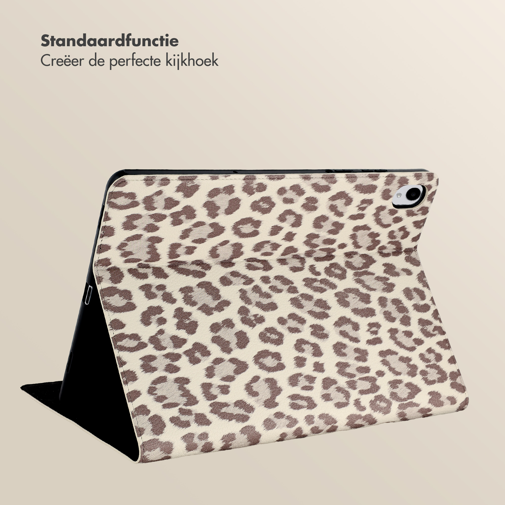 A tablet with a leopard print case stands upright.