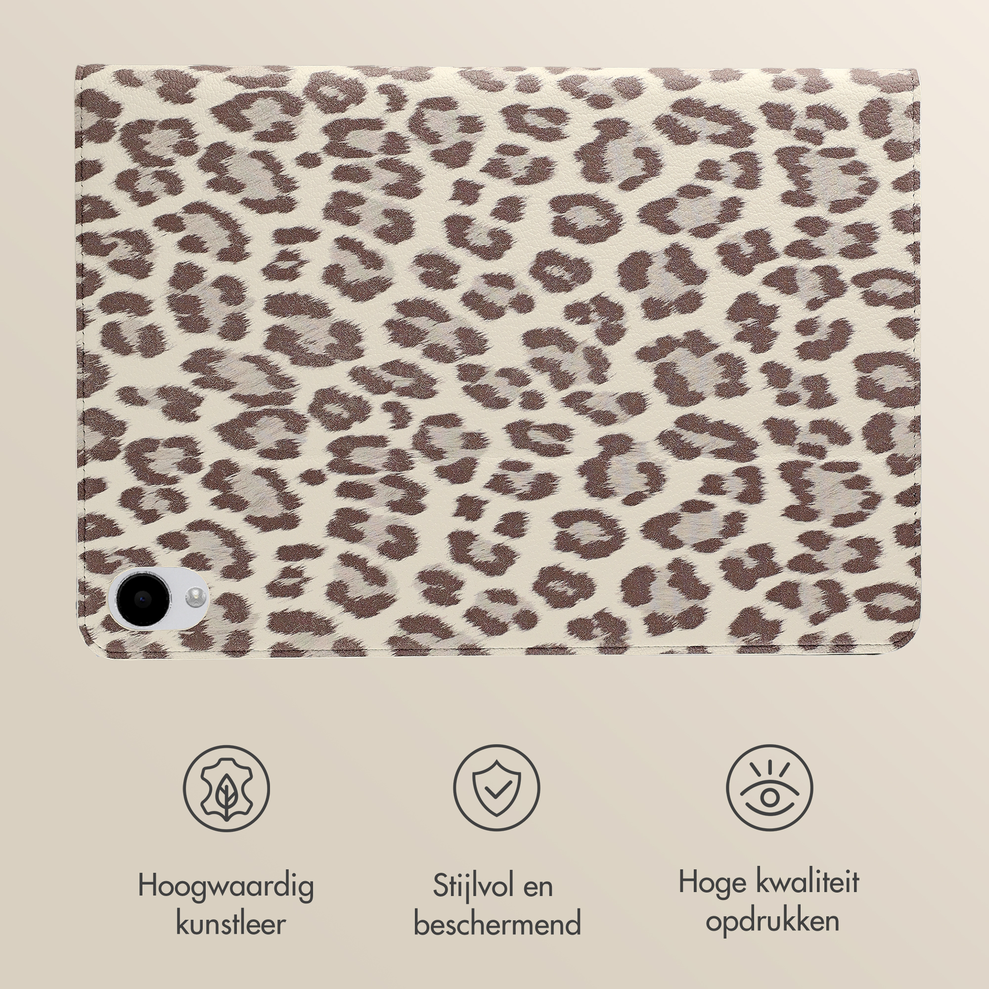 A leopard print case with a camera cutout on the bottom left.
