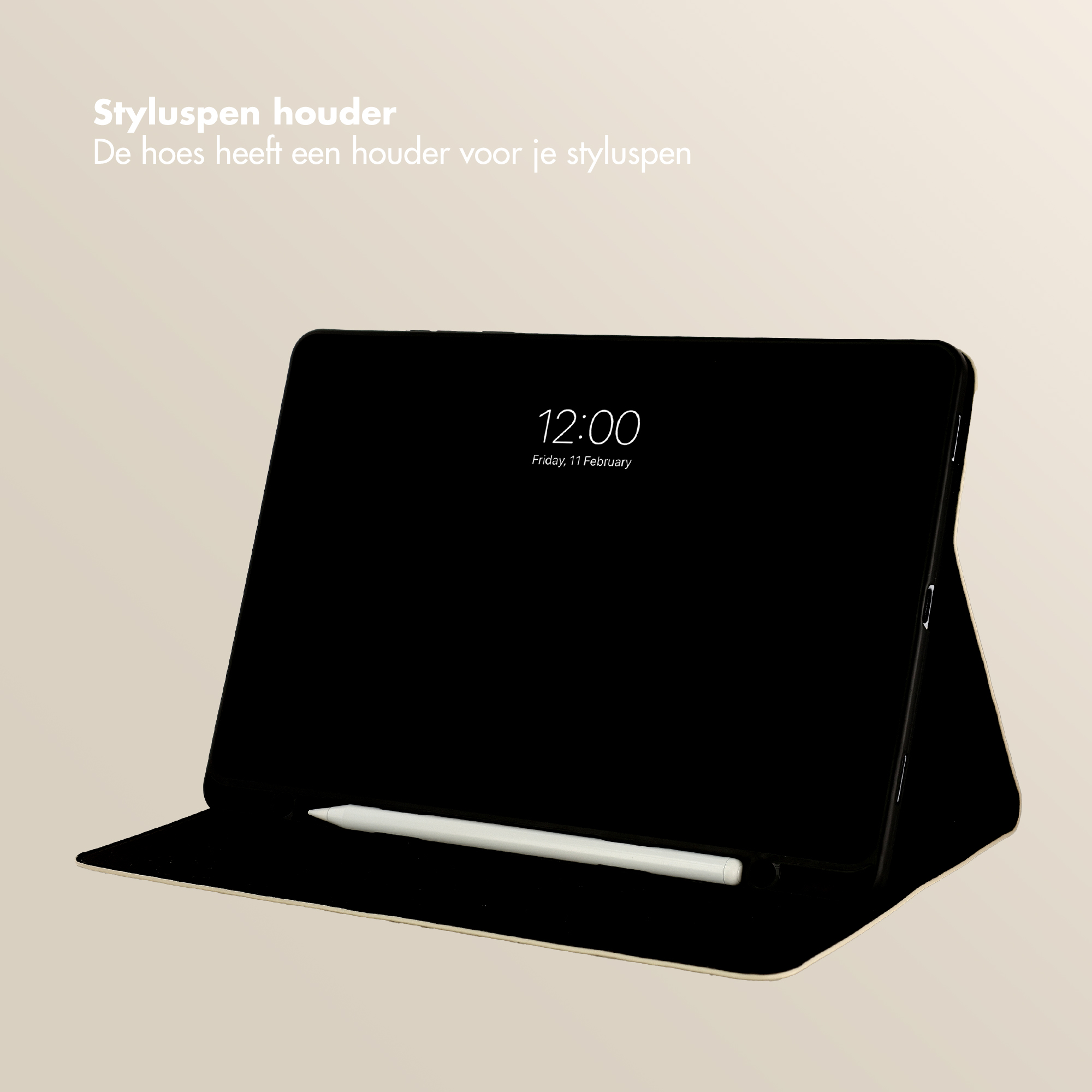 A black tablet stand with a white stylus and a clock on the screen.
