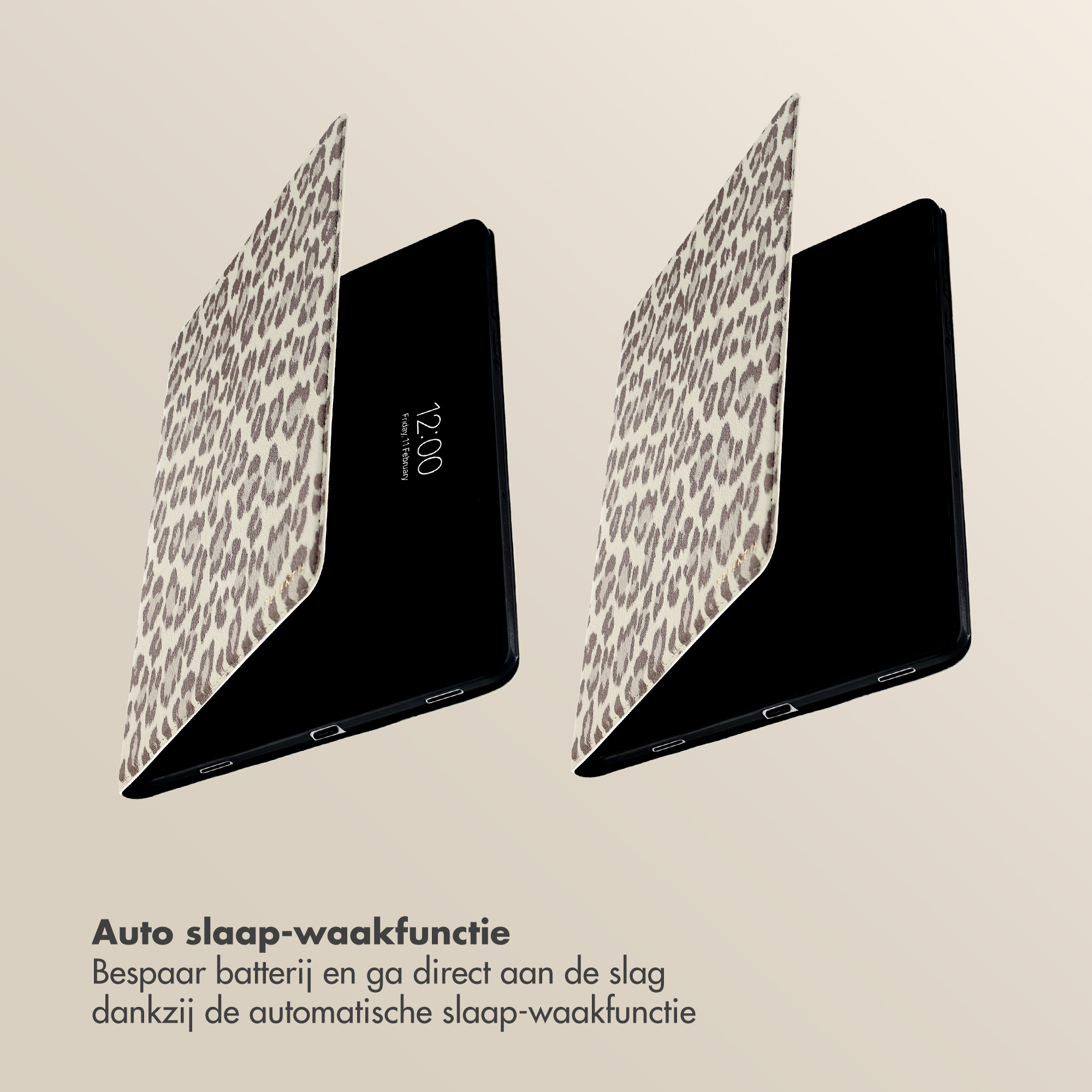 Two tablets with leopard print covers. Display shows 12:00.
