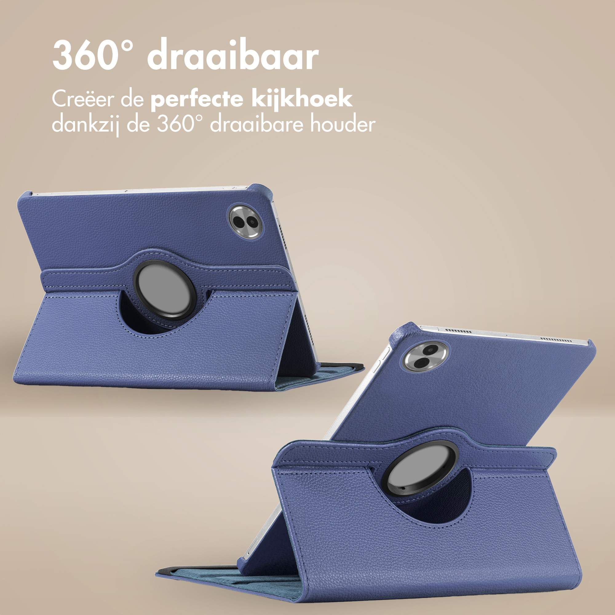 Blue tablet with a rotating stand, close-up view.