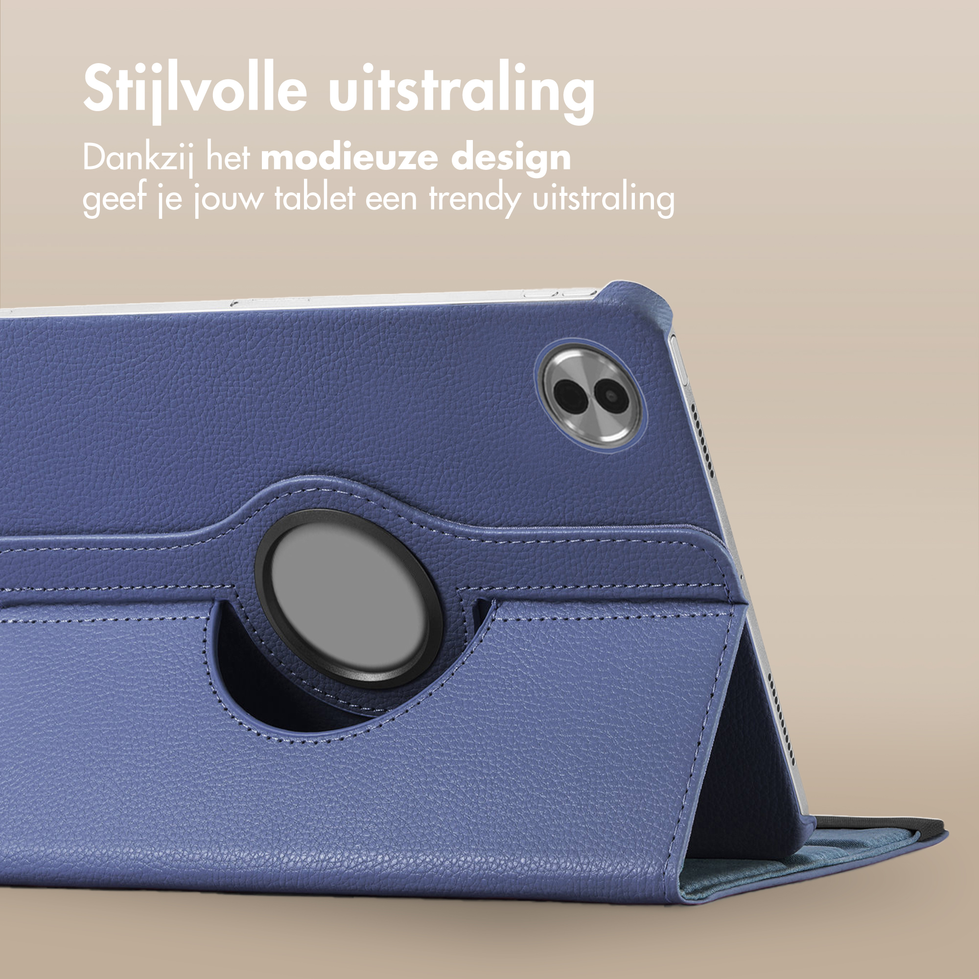 Blue leather tablet case with camera cutout and stand feature.