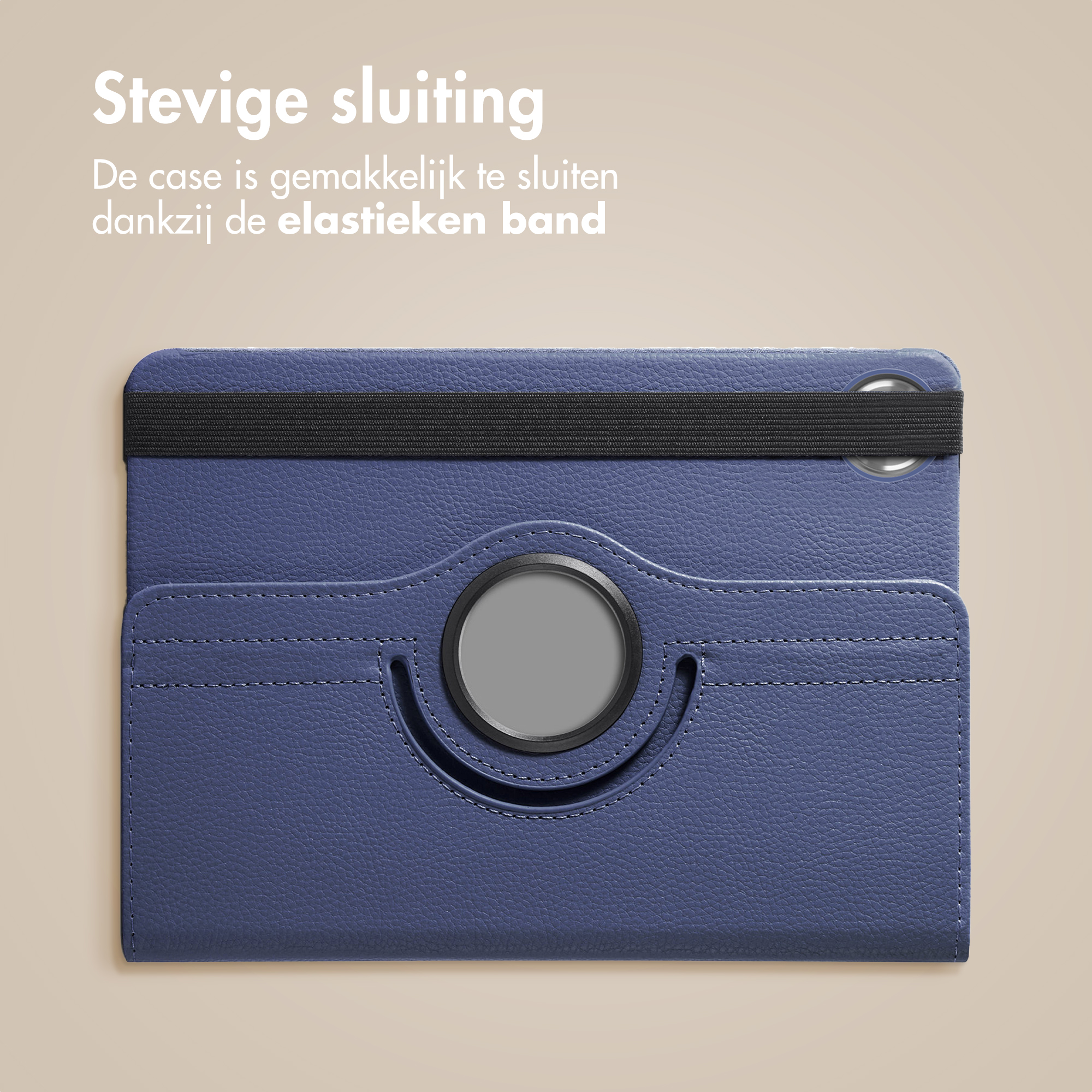 Dark blue tablet case with black elastic band and rotating ring.