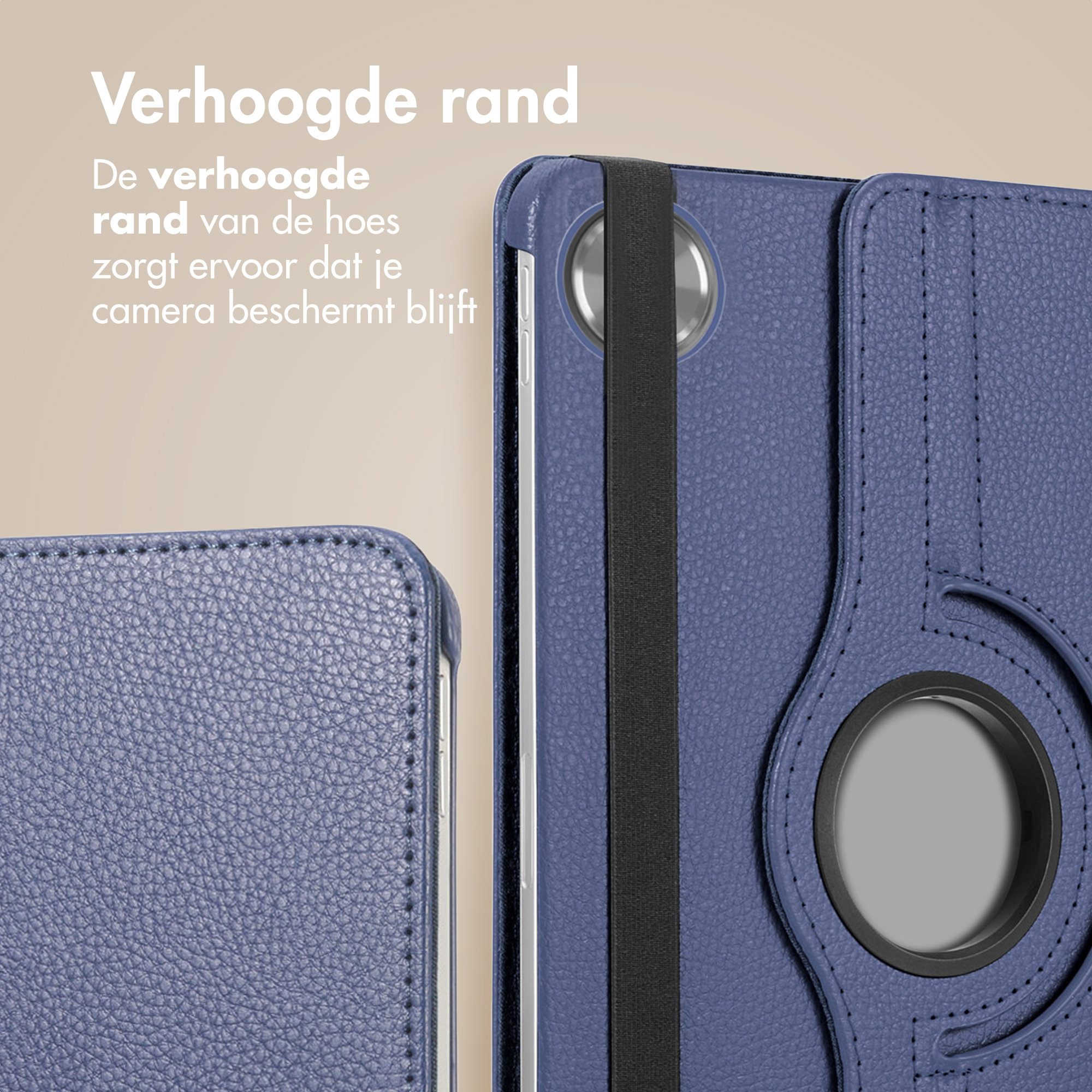 Blue case with raised edge and black strap, protects the camera.