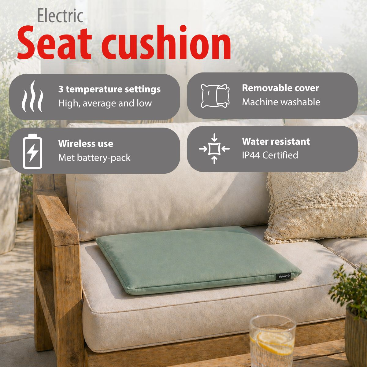 Electric seat cushion with 3 temp settings, removable cover, wireless & water resistant.