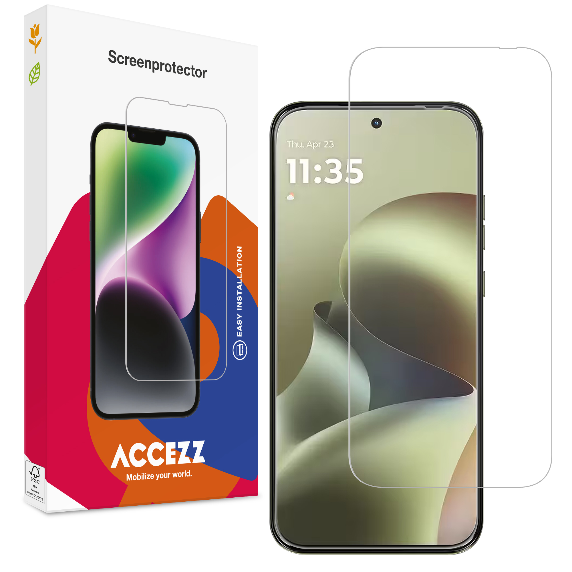 Verpakking voor een screenprotector met een smartphone die de tijd weergeeft.