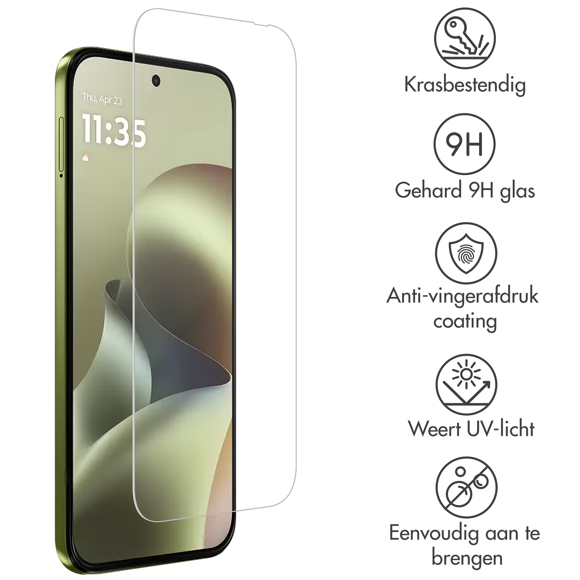 Een smartphone met screenprotector en krasbestendigheid iconen.