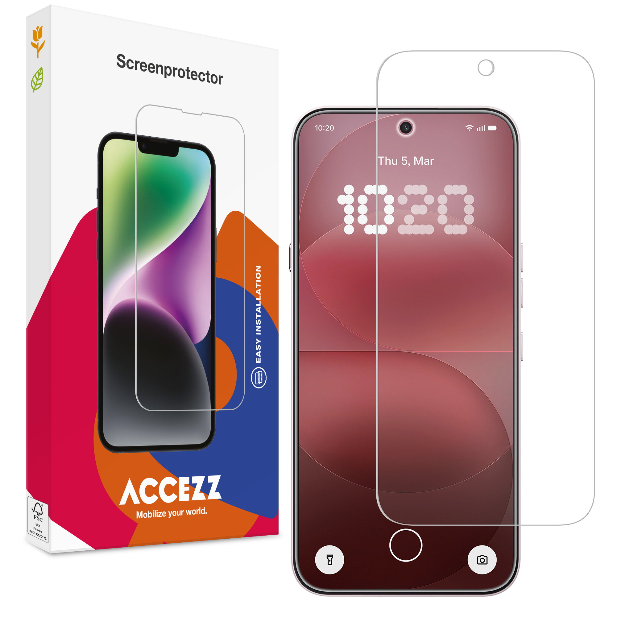 Emballage de protecteur d'écran de téléphone à côté d'un smartphone affichant l'écran de verrouillage.