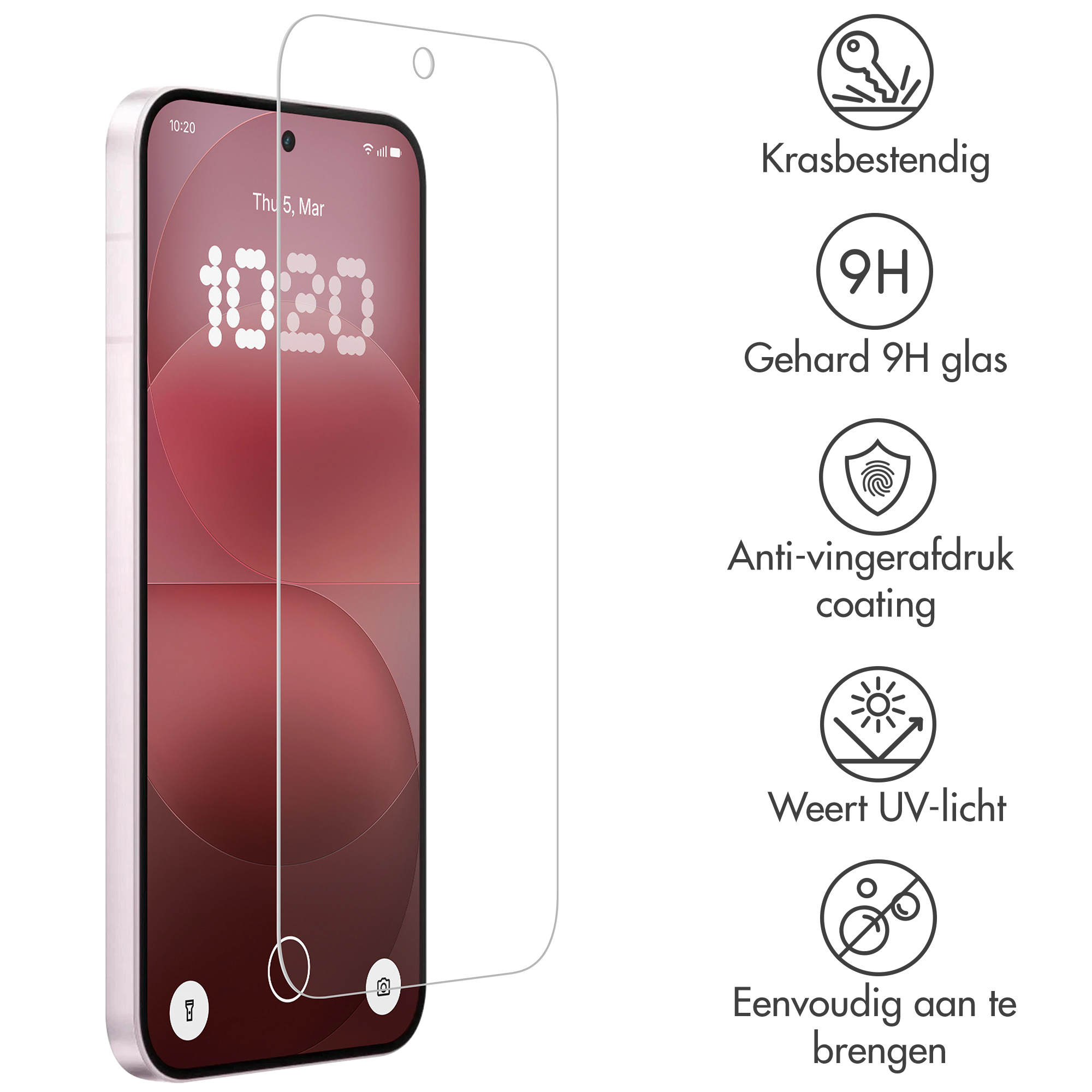 Un protecteur d'écran à côté d'un smartphone affichant l'heure numérique 10:20.