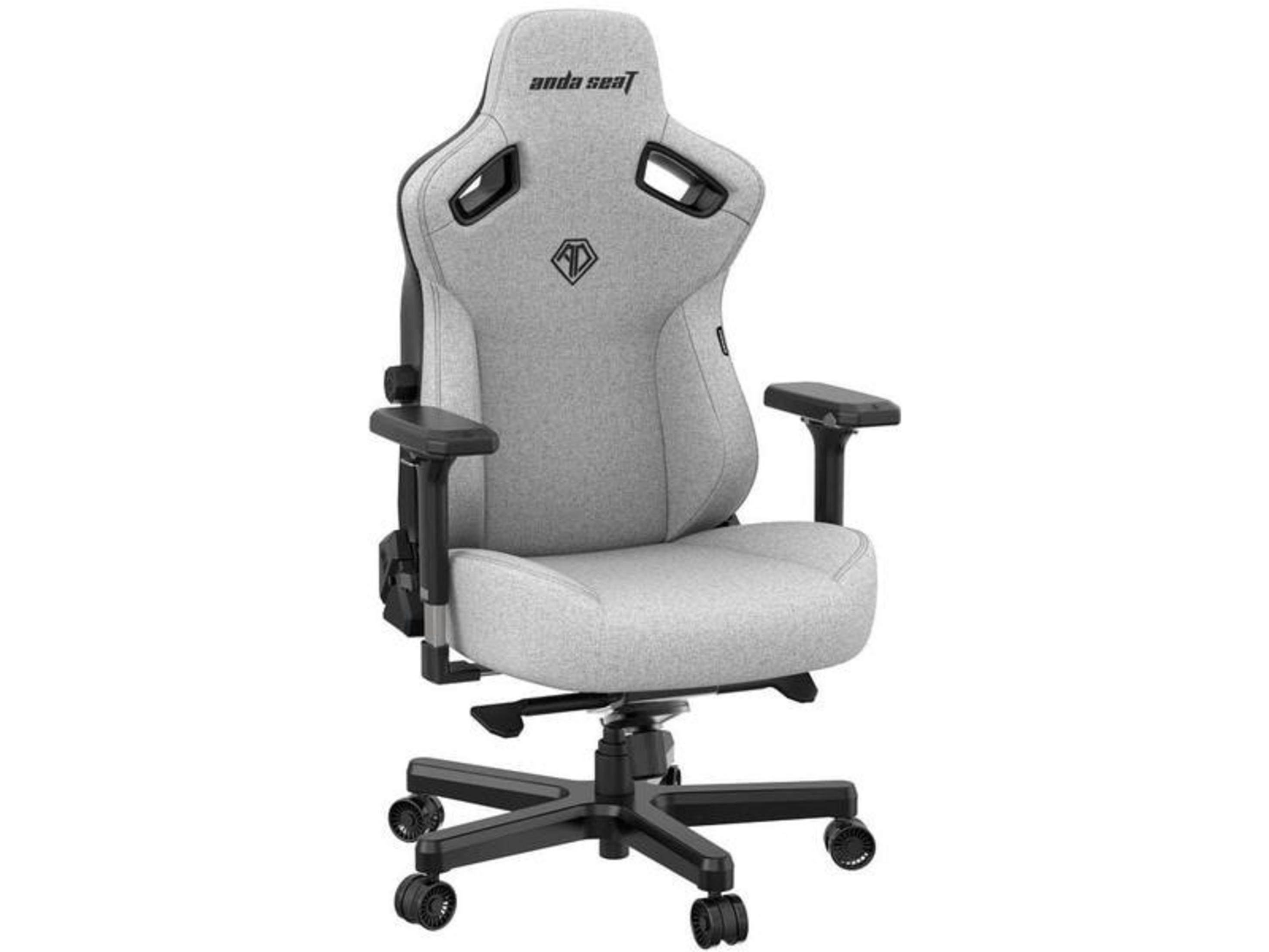 Ein grauer Gaming-Stuhl mit schwarzem Gestell und Armlehnen.