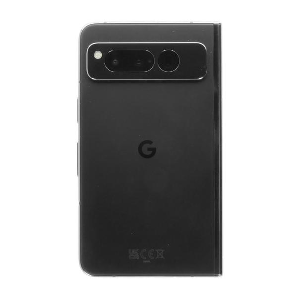 Google Pixel Fold nero con barra della fotocamera e logo G sul retro.