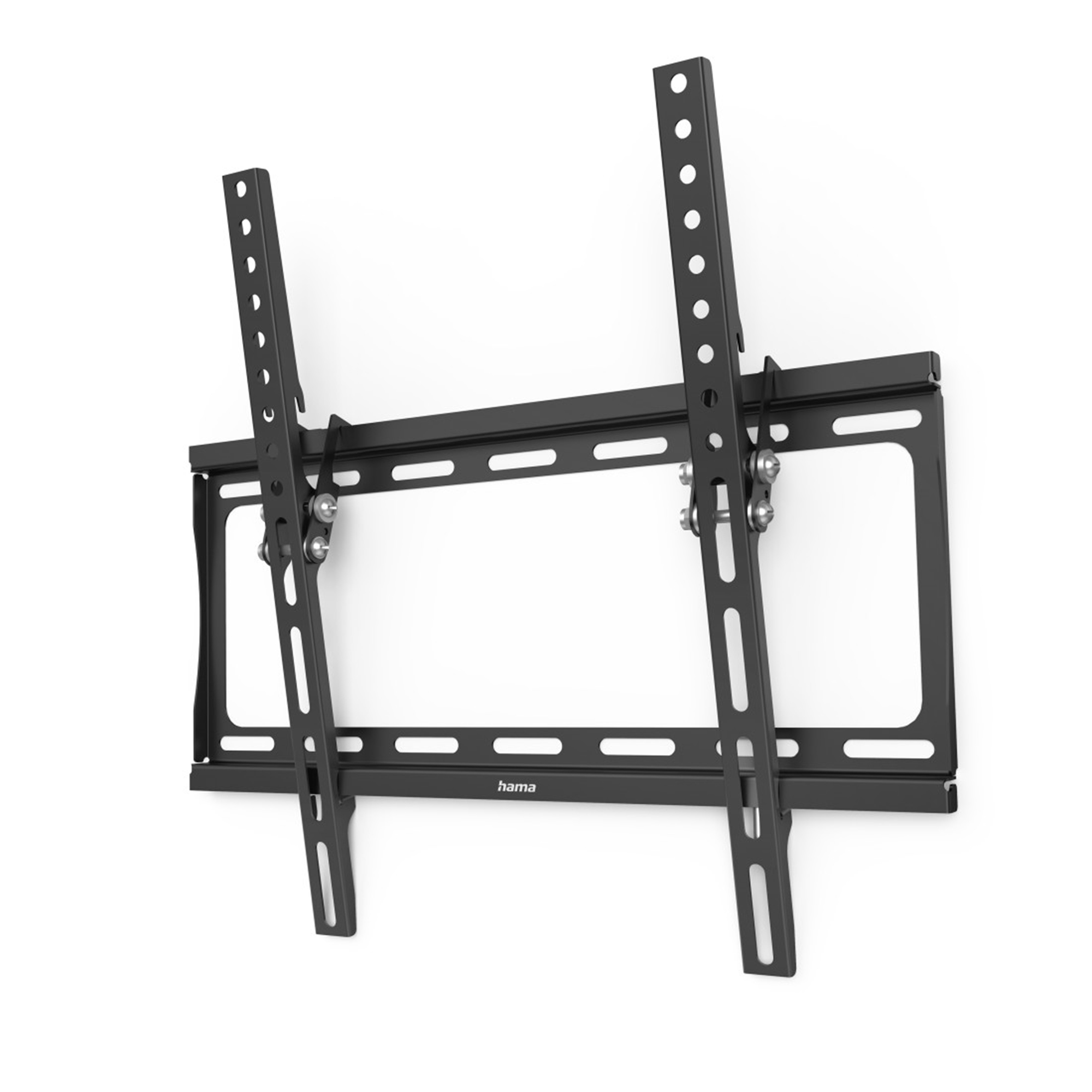 Schwarze TV-Wandhalterung mit verstellbaren Armen und Befestigungslöchern.