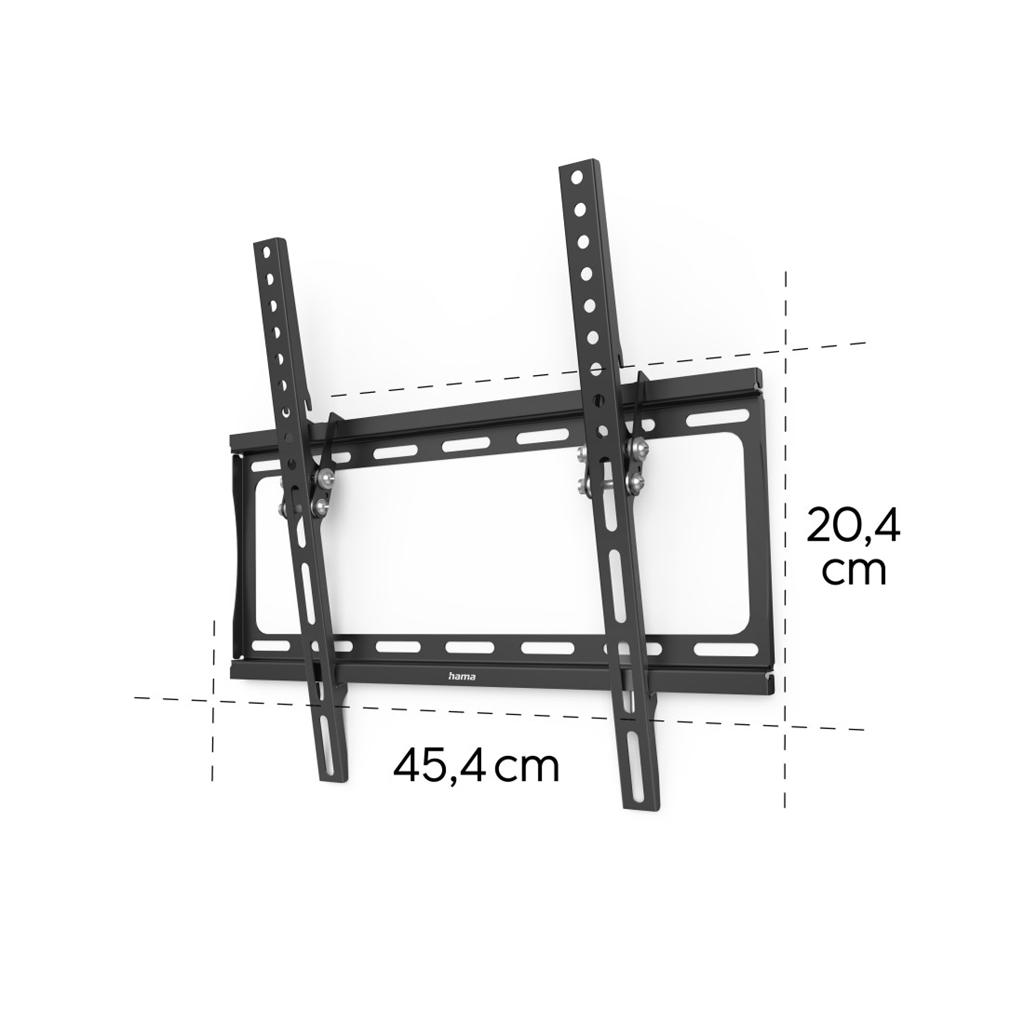 Schwarze TV-Wandhalterung mit Maßen 45,4 cm und 20,4 cm.