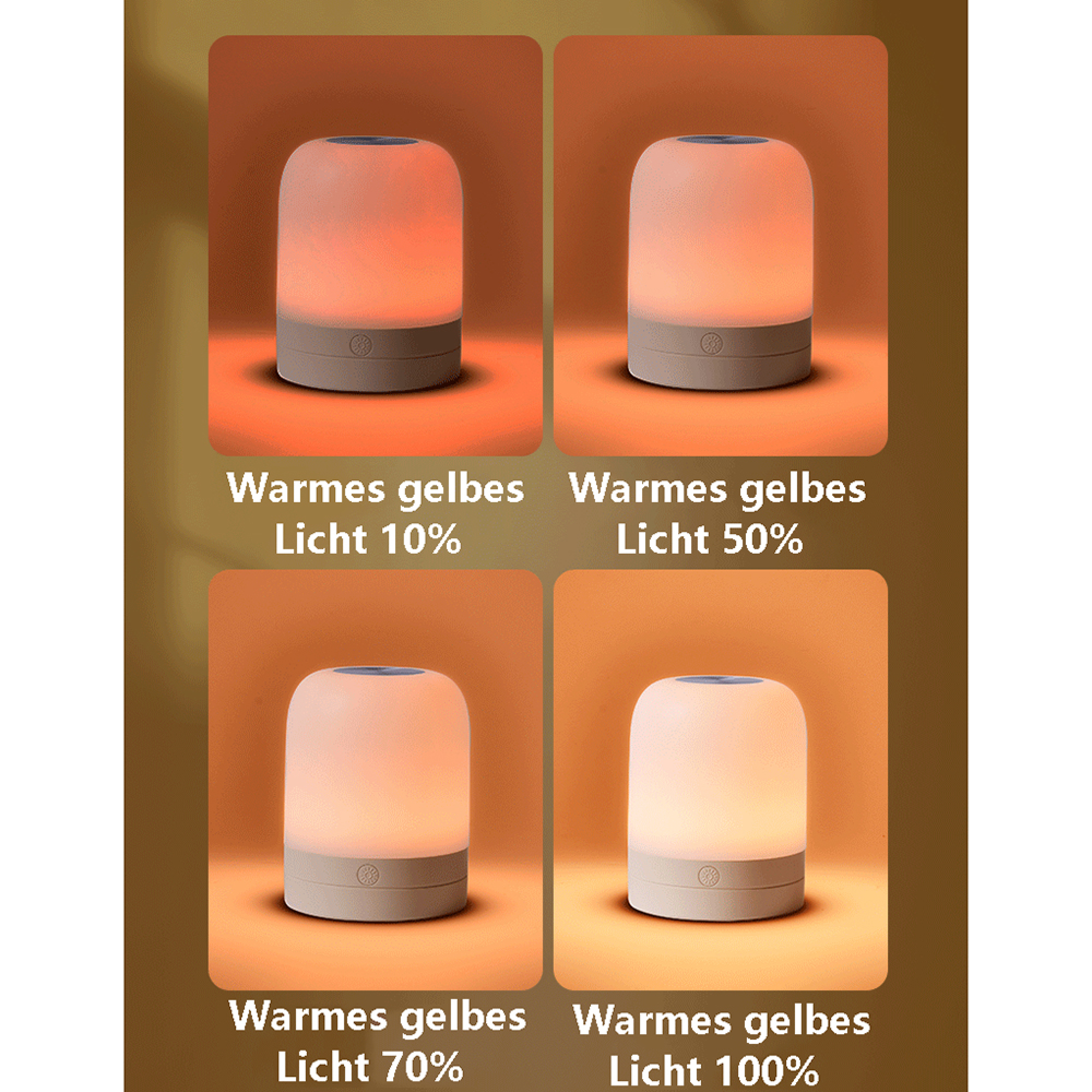 Vier Bilder einer Lampe, die warmgelbes Licht bei 10 %, 50 %, 70 % und 100 % zeigen.