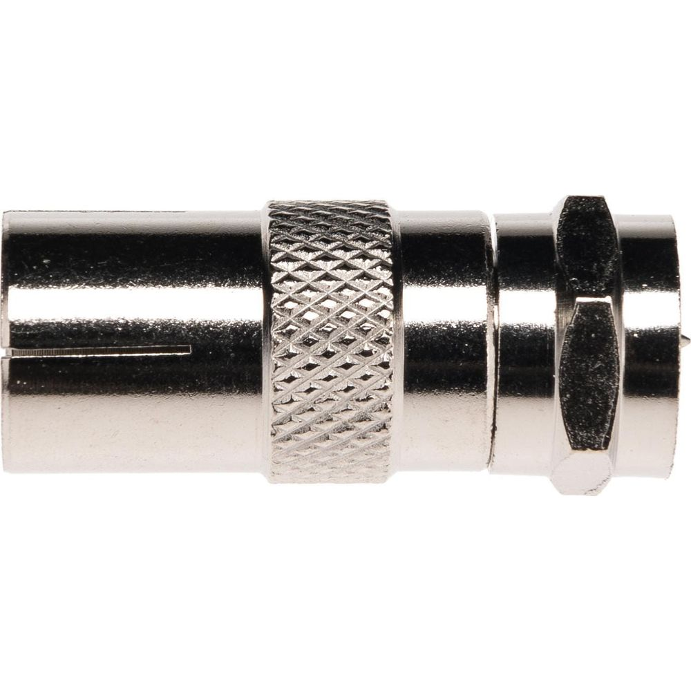 Un connecteur coaxial argenté avec grip moleté et écrou hexagonal.