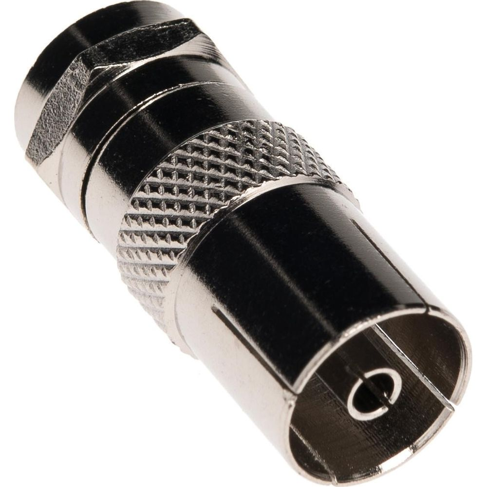 Un connecteur coaxial argenté avec moletage et une extrémité ouverte.