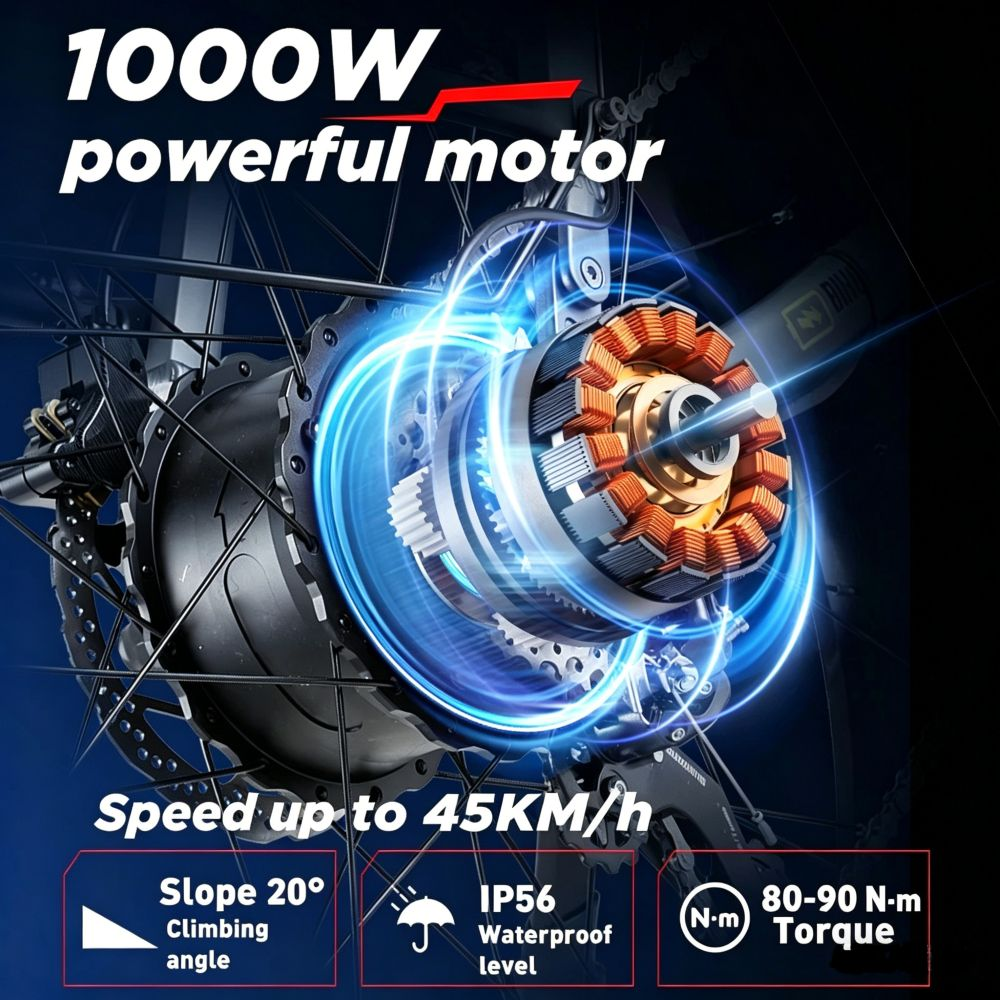 Motor E-Bike 1000W, 45km/h, pendiente 20°, IP56, par 80-90 Nm.