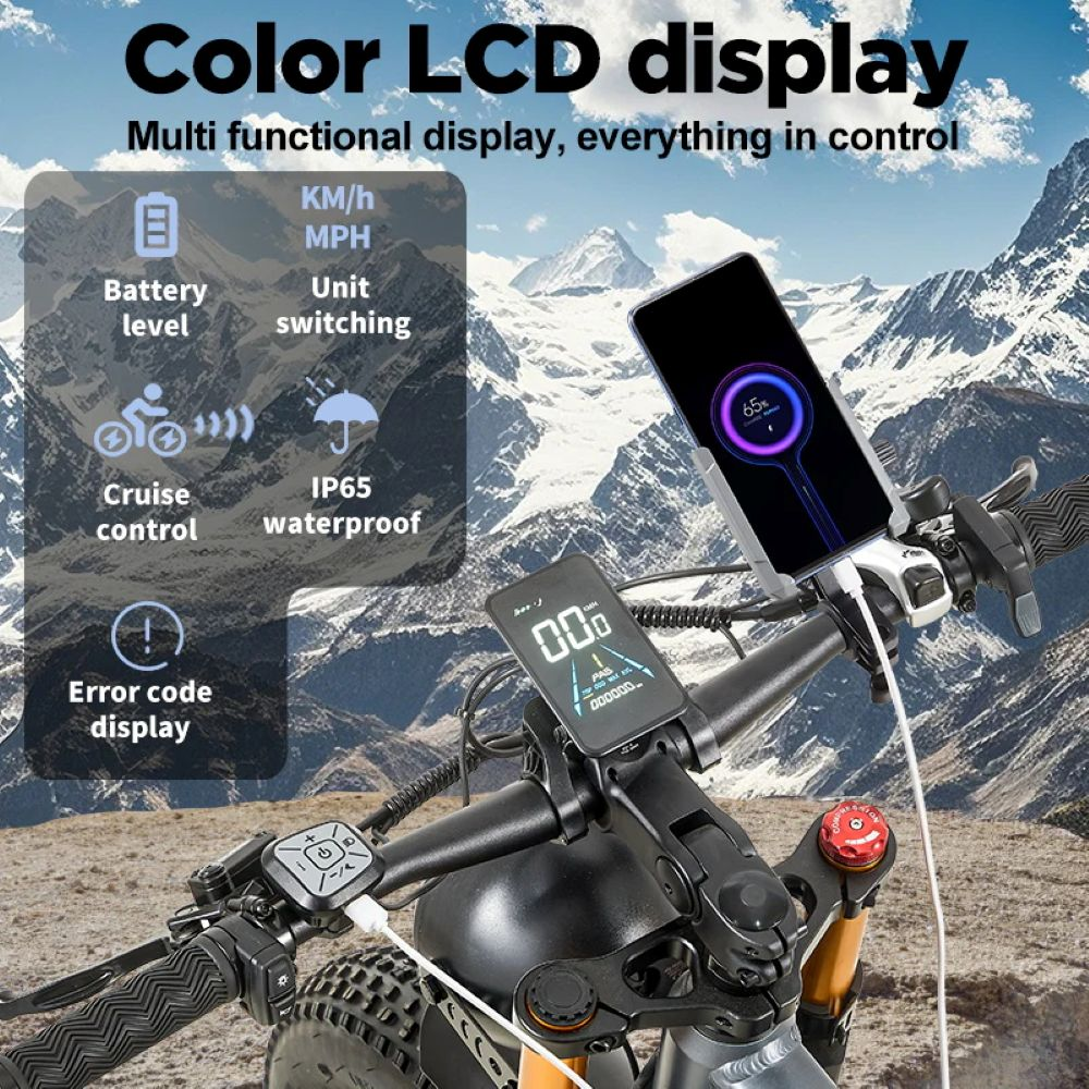 Manillar de e-bike con pantallas: Un smartphone y una pantalla de e-bike ante montañas.