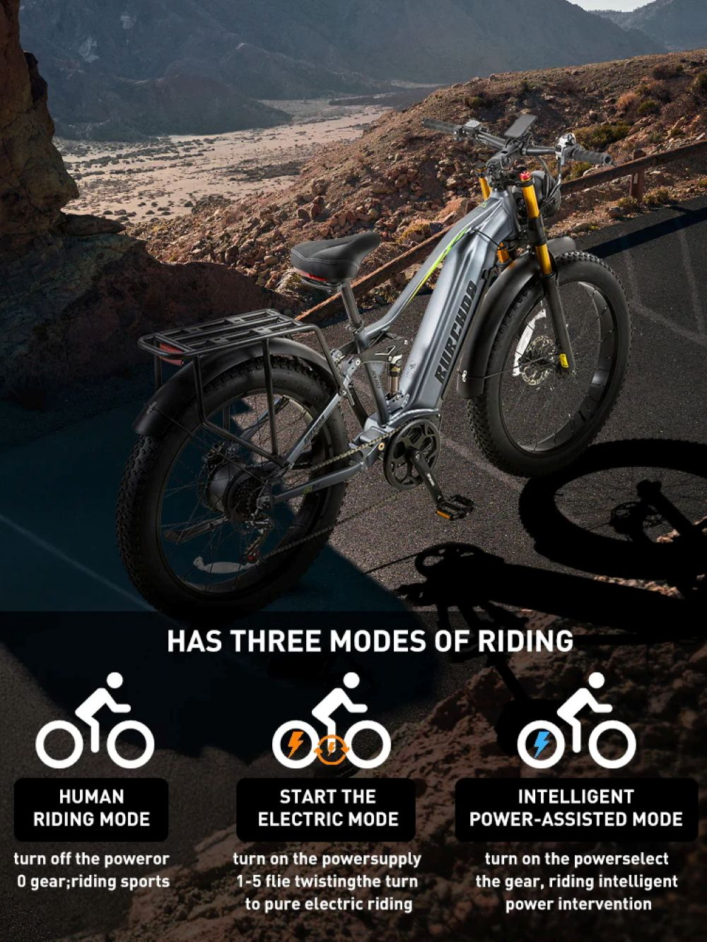 Bicicleta eléctrica gris de llanta ancha en camino de montaña, mostrando 3 modos.