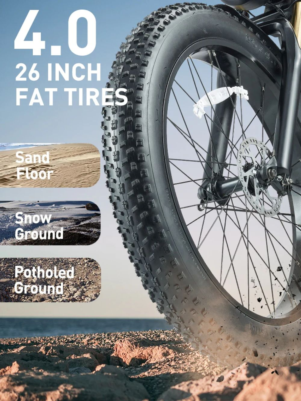 Un neumático de bicicleta gorda, 4.0, 26 pulgadas, con imágenes de arena, nieve y baches.