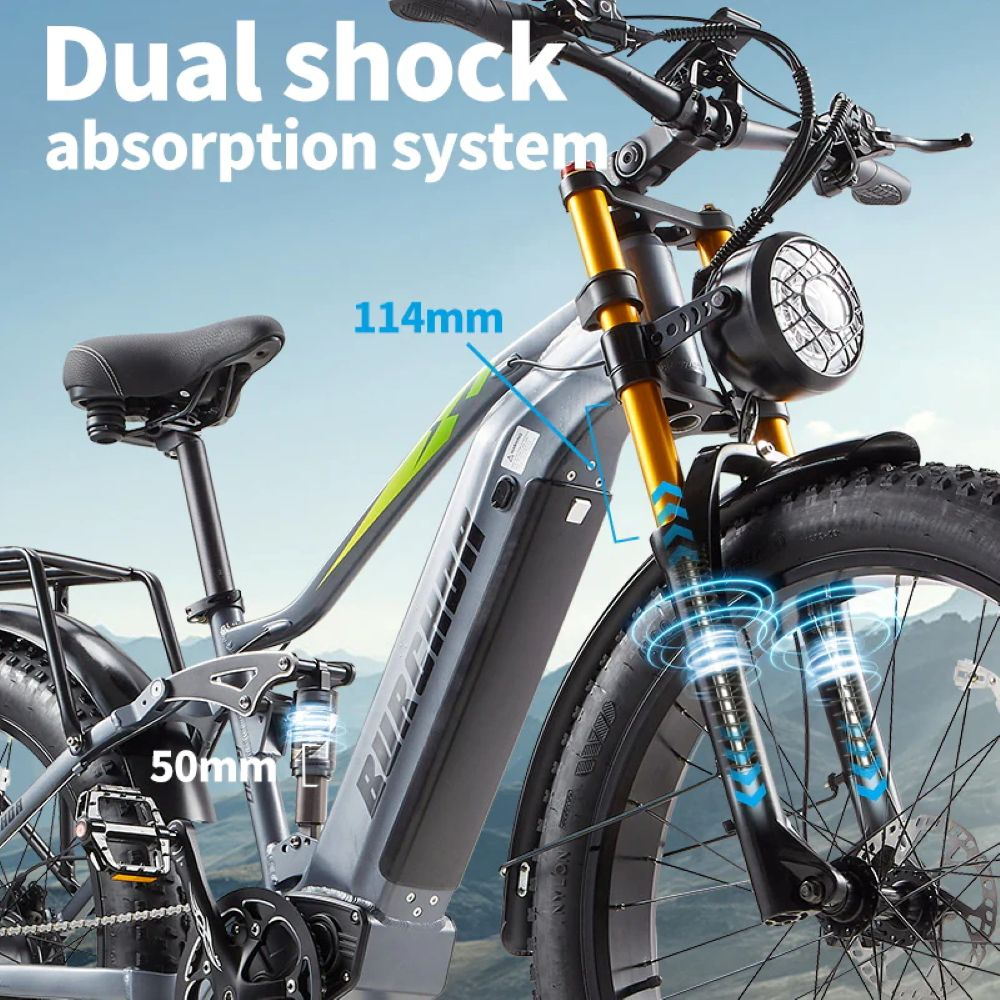 Bicicleta eléctrica gris con doble amortiguación. 114mm delantera, 50mm trasera.