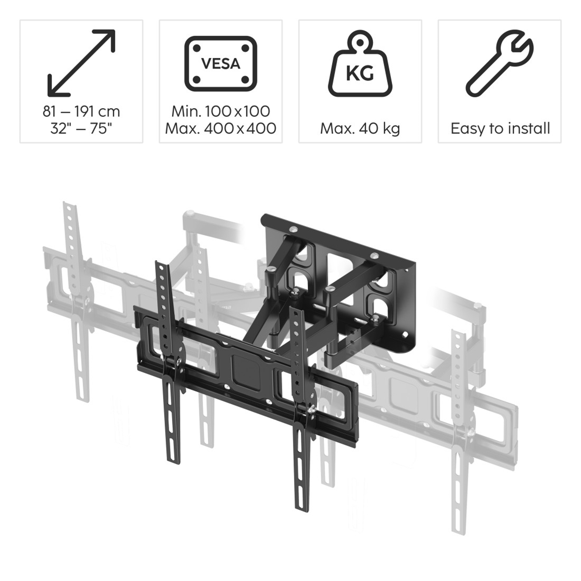 Schwarzer Fernsehhalter für 81-191 cm TVs, VESA 100-400, max. 40 kg.