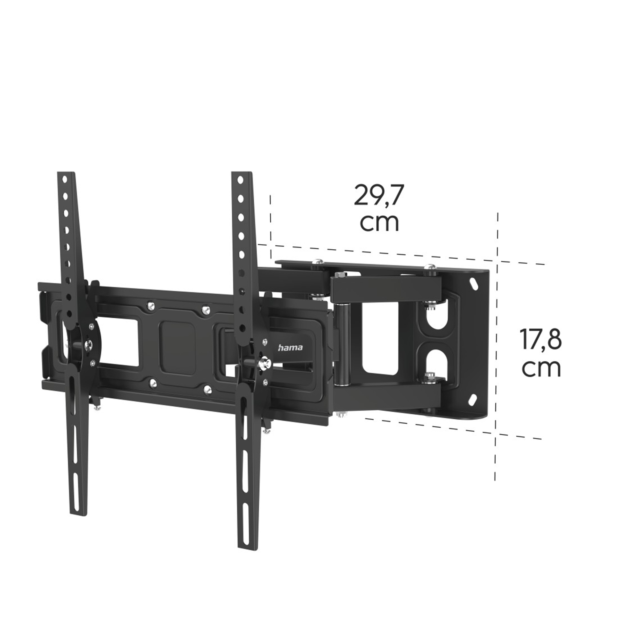 Schwarze Wandhalterung für Fernseher mit Maßen 29,7 cm und 17,8 cm.