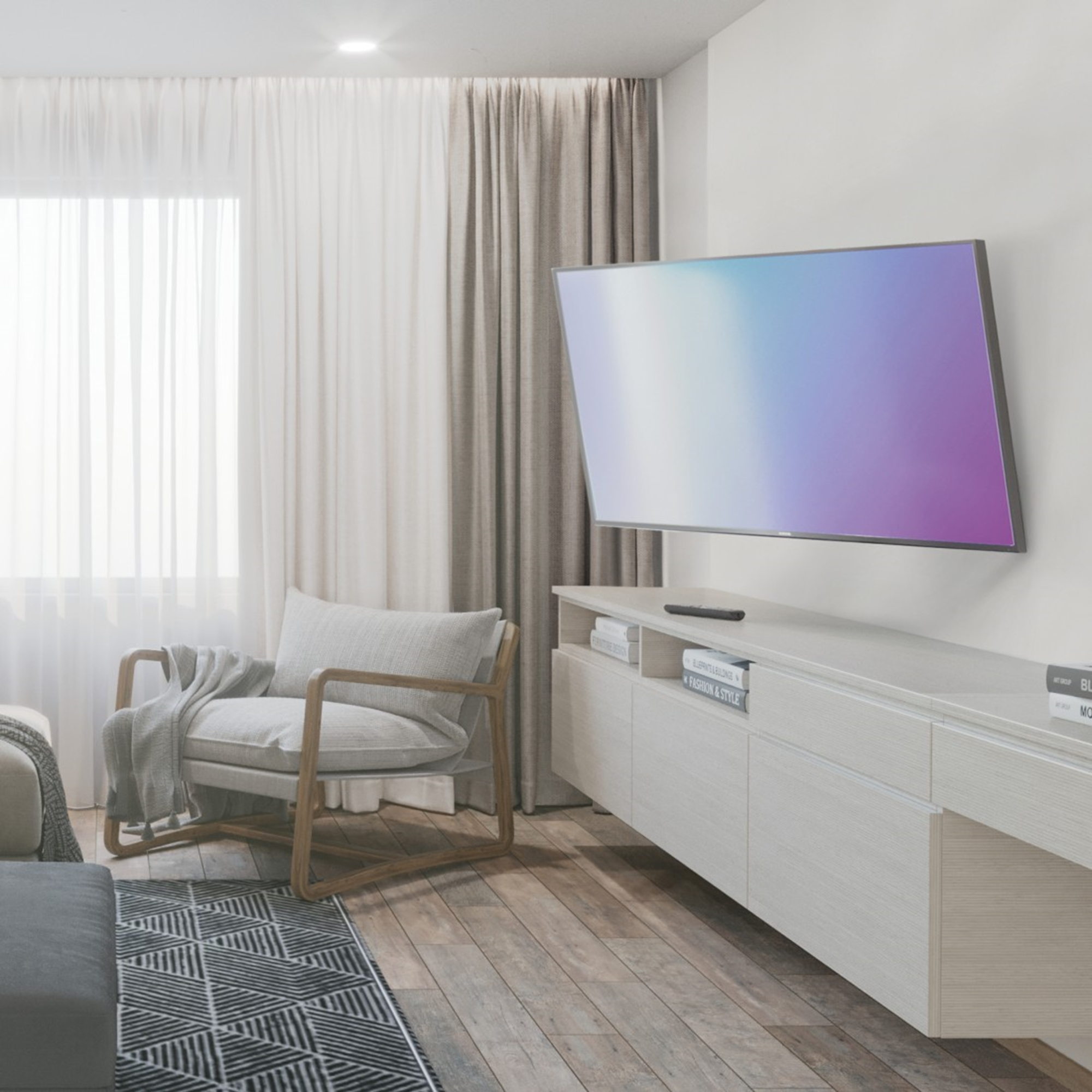Ein Wohnzimmer mit Sessel, Fernseher und Regal. Holzboden.