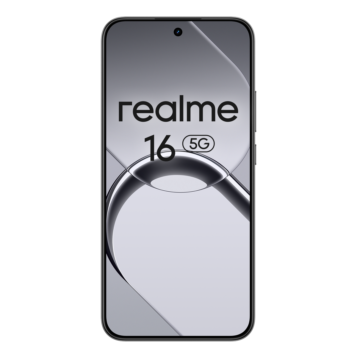 Smartphone Realme 16 5G su sfondo argento con design circolare.