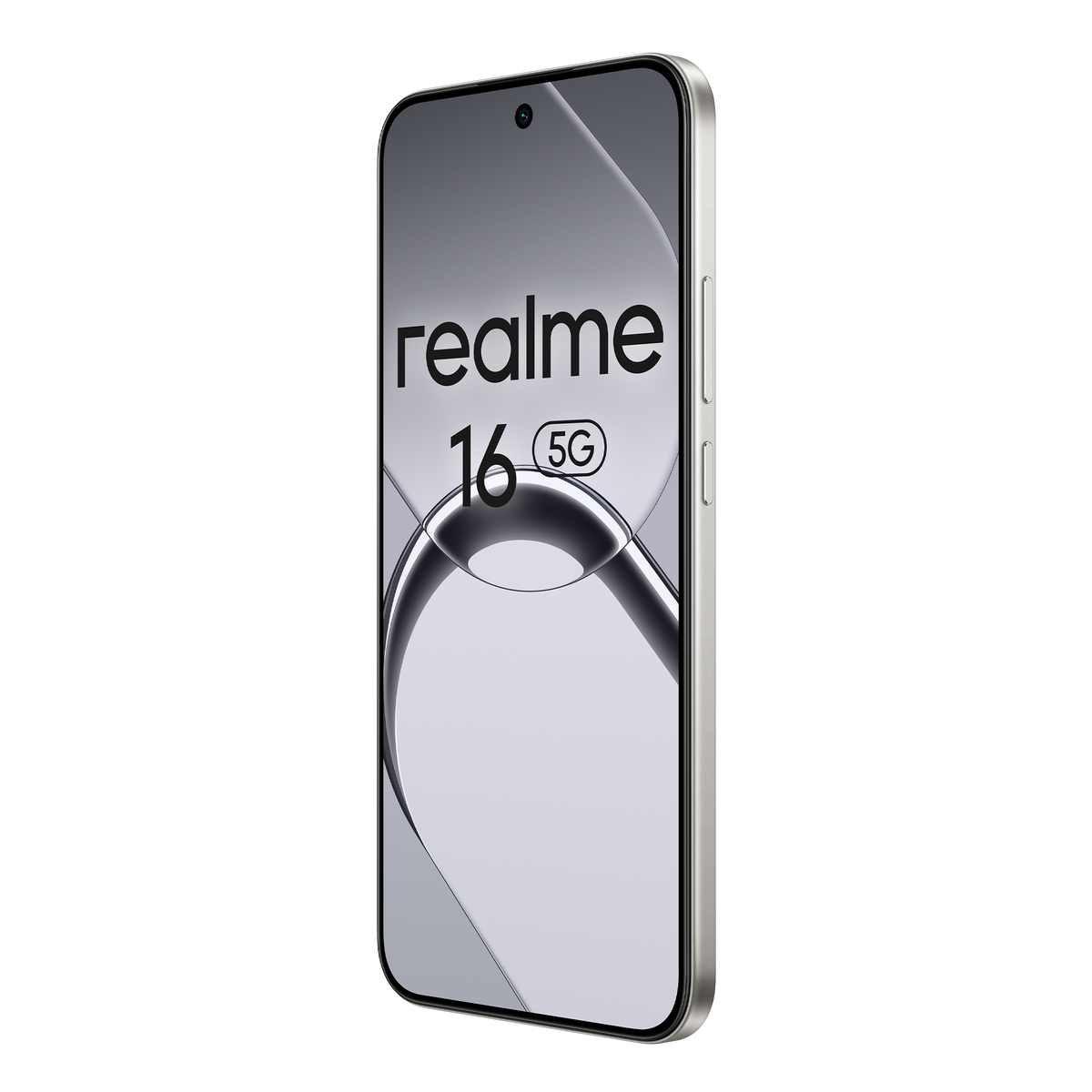 Smartphone argentato con testo 'realme 16 5G' sullo schermo.