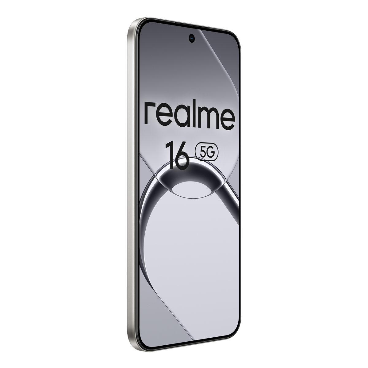 Un moderno smartphone Realme 16 5G con cornice argentata su sfondo nero.