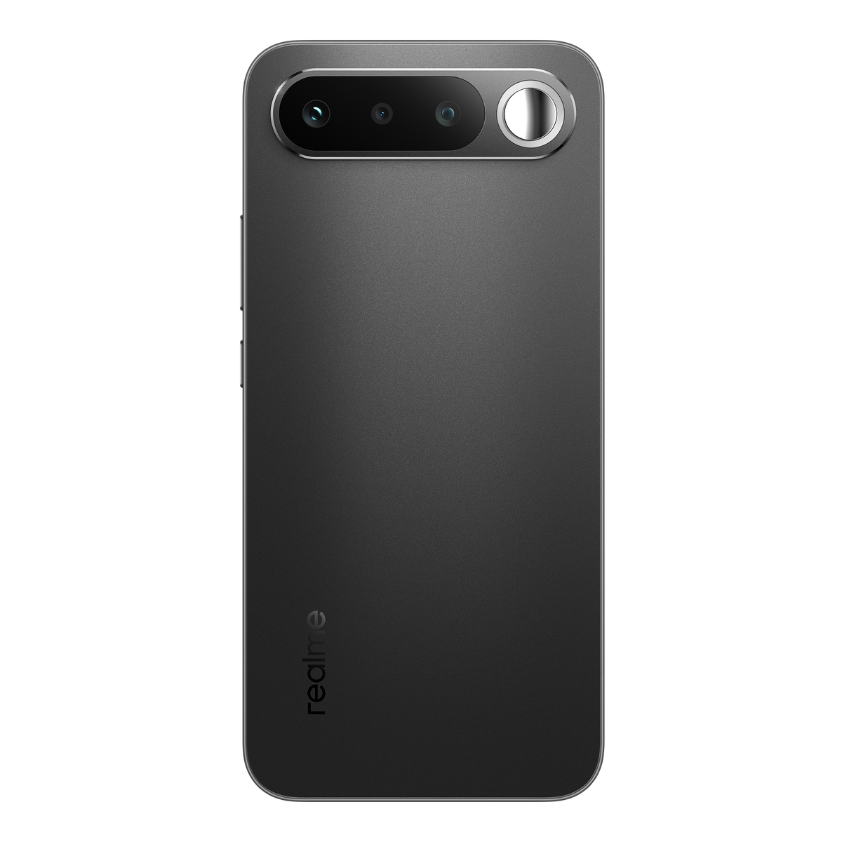 Smartphone grigio scuro con array di triple fotocamere e flash circolare sul retro.