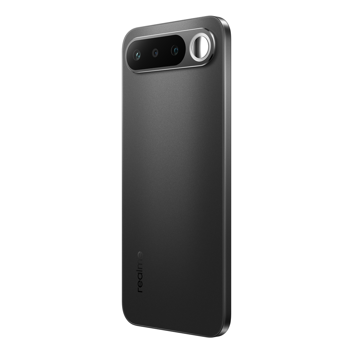 Retro di smartphone scuro con tre fotocamere e flash rotondo.