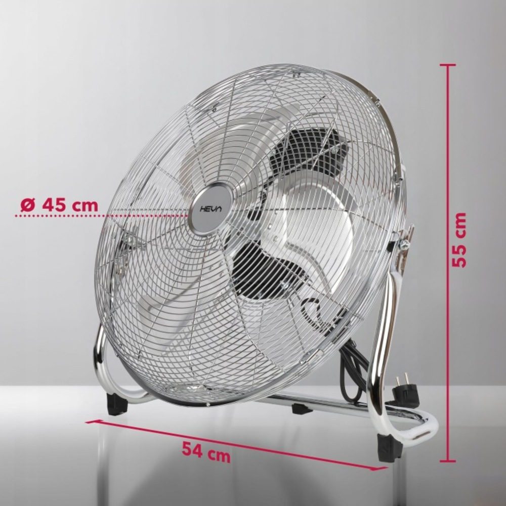 Srebrny wentylator o średnicy 45 cm, szerokości 54 cm i wysokości 55 cm.