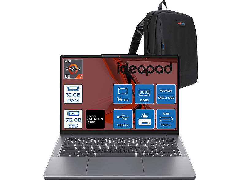 LENOVO IdeaPad Slim 3 14ARP10 Radeon/680M 83K6006JTRF12 AMD Ryzen™7 170 32 GB RAM 512 GB SSD 14 inç FreeDOS Laptop+Çanta Siyah