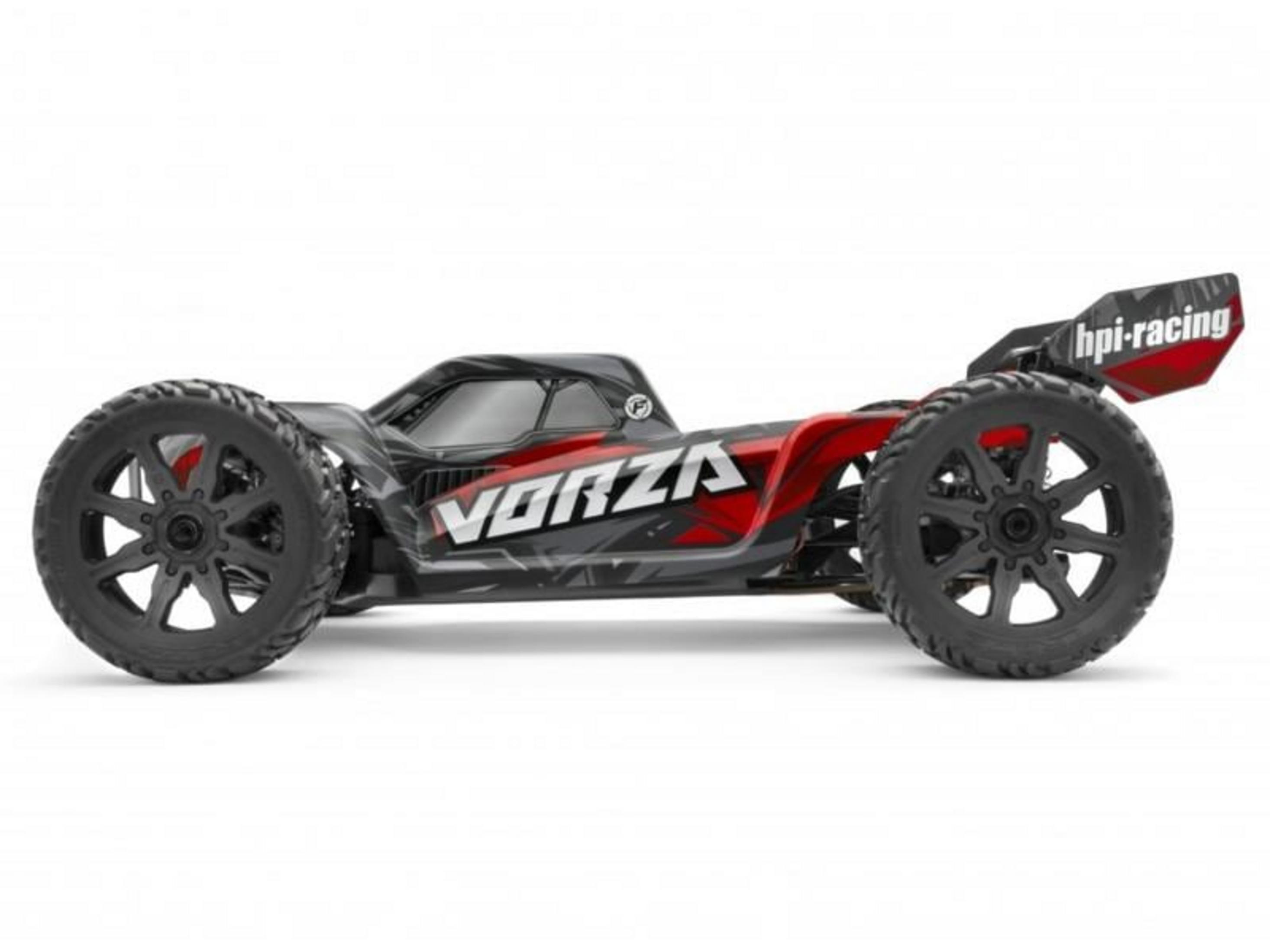 Ein schwarzer RC-Buggy mit roten Akzenten und dem Schriftzug „VORZA“ auf weißem Hintergrund.