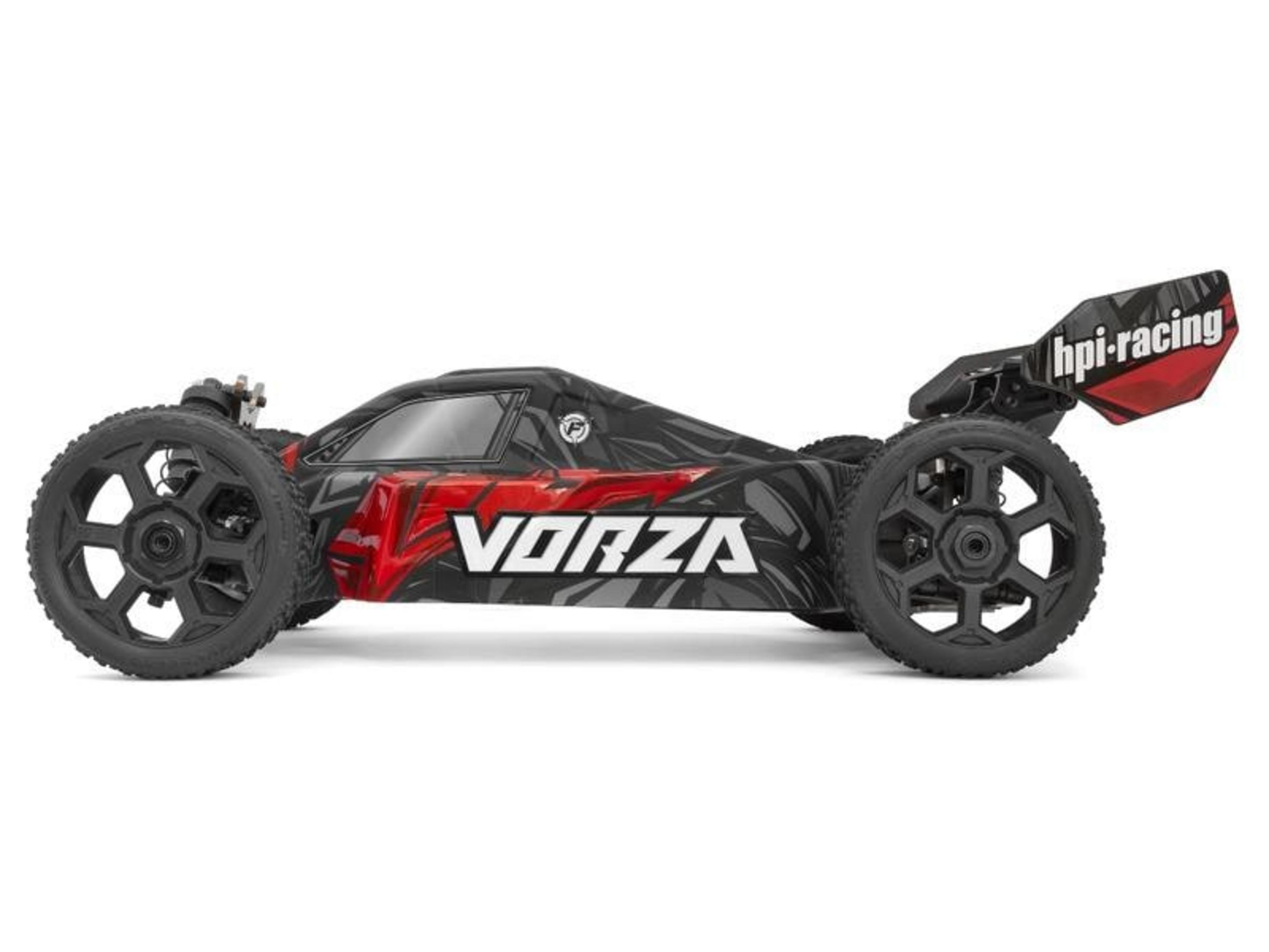Ein schwarzer RC-Buggy mit roten Akzenten und dem Schriftzug "VORZA".