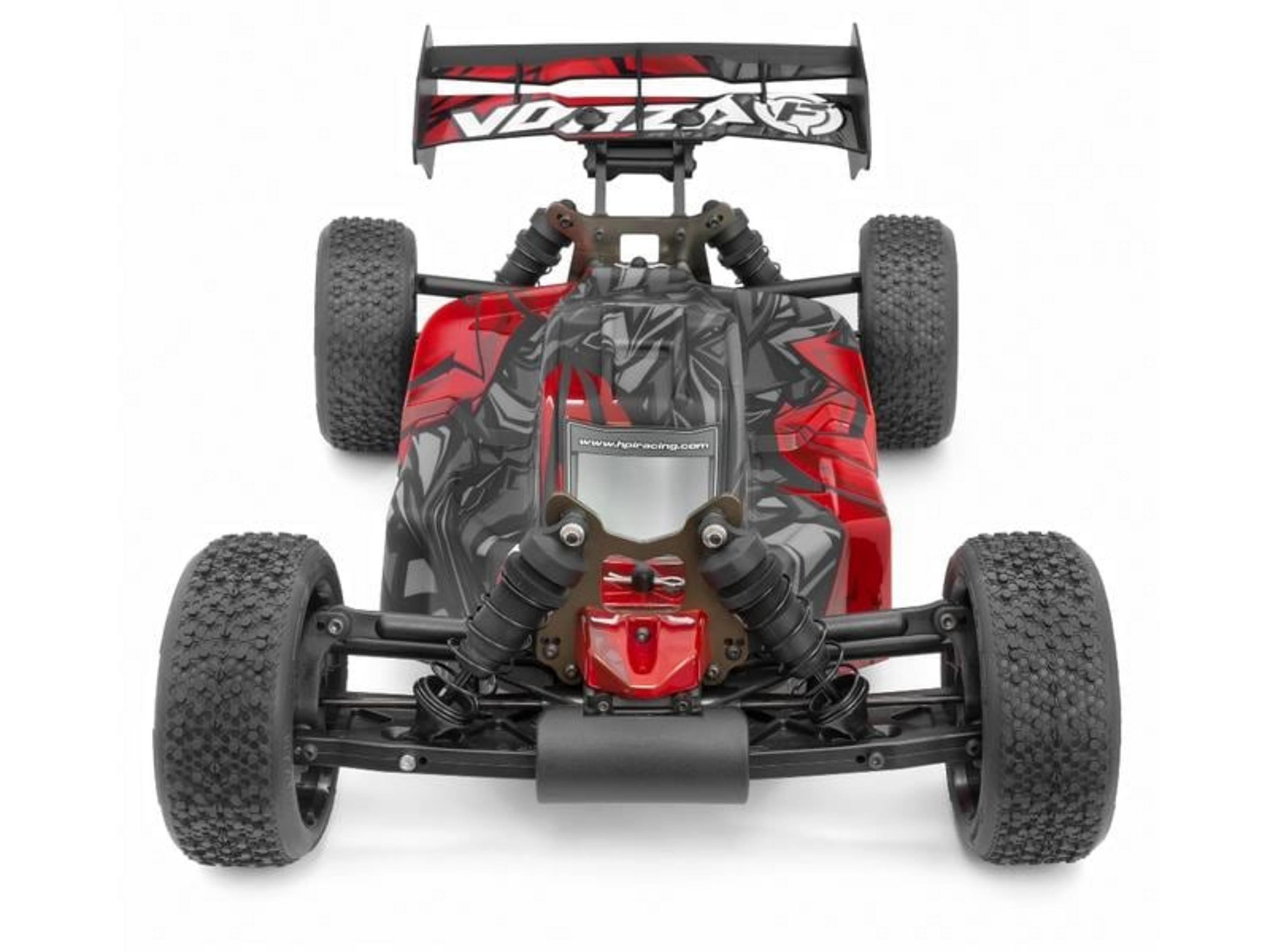 Ein roter RC-Buggy mit schwarzen und grauen Grafiken, vorne.