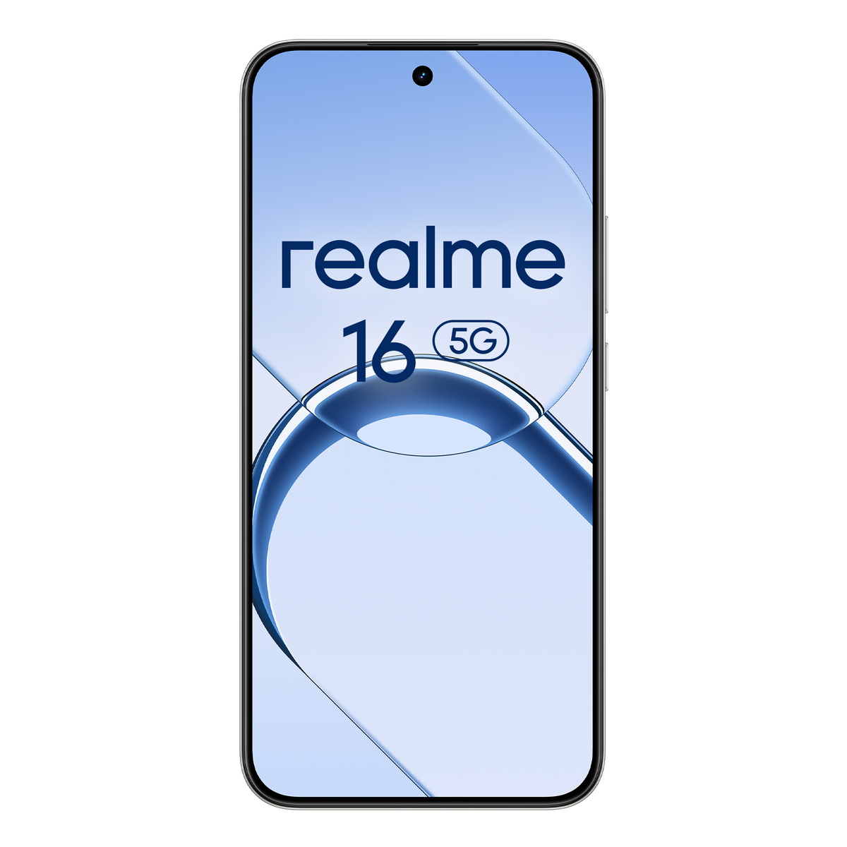 Uno smartphone Realme 16 5G su sfondo blu con elementi grafici.