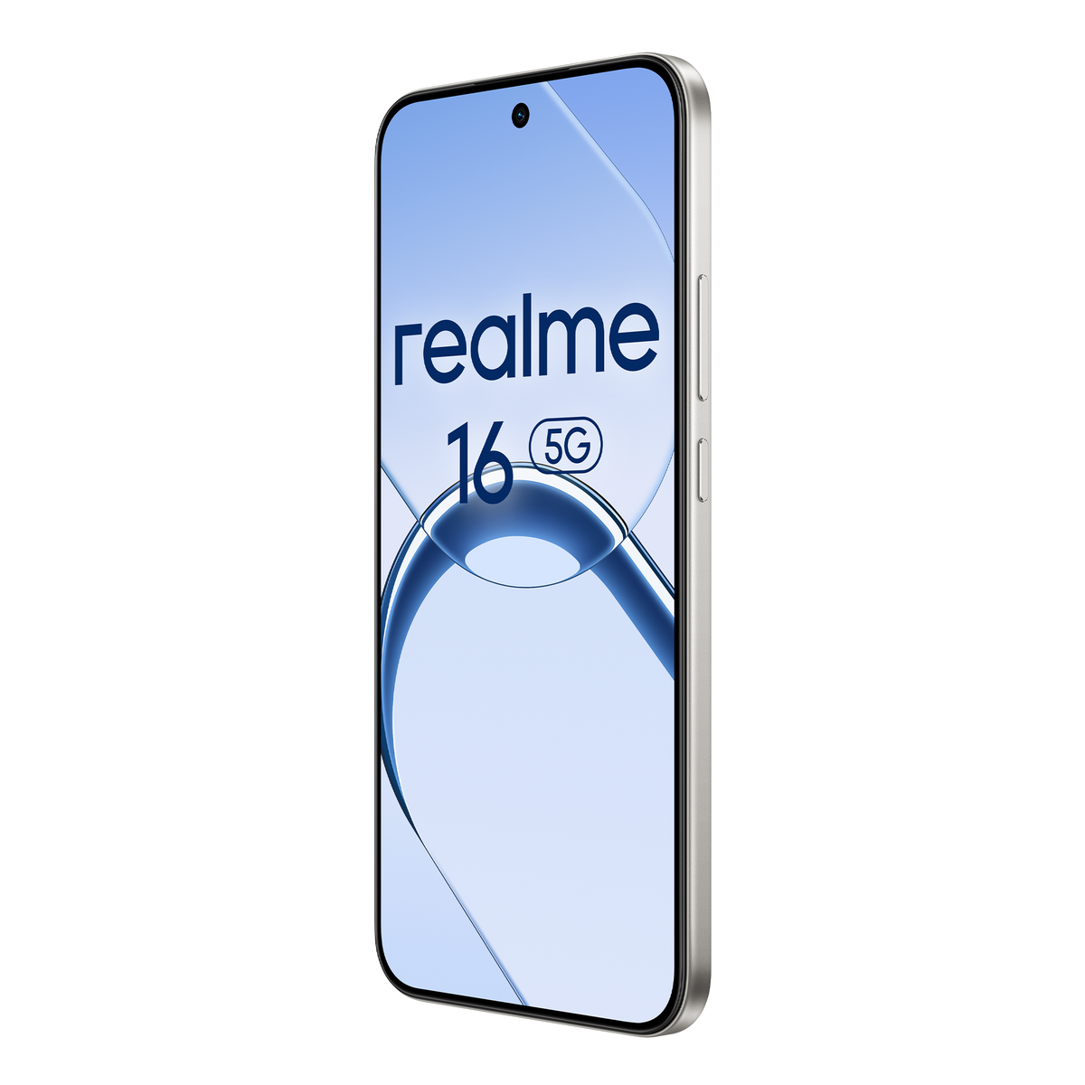 Smartphone argentato che mostra il logo Realme 16 5G sullo schermo.