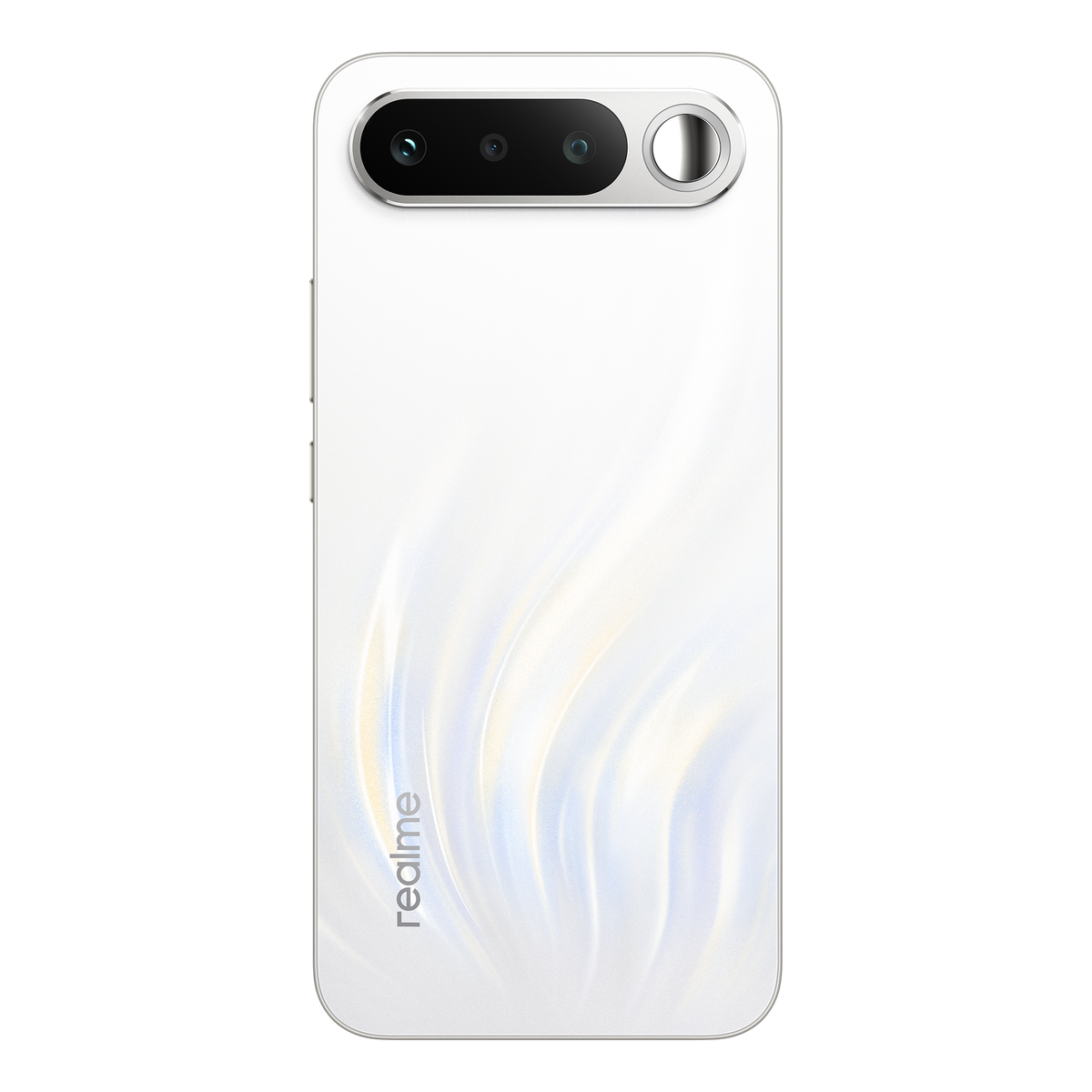 Uno smartphone bianco con tripla fotocamera e anello argentato su sfondo nero.