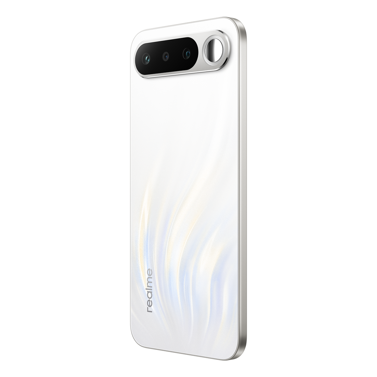 Uno smartphone bianco con tre fotocamere e un anello argentato.