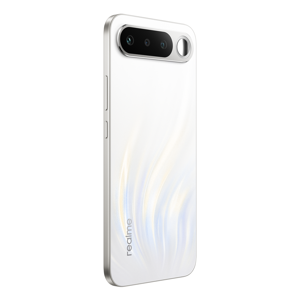 Uno smartphone bianco con tre fotocamere e cornice argentata.