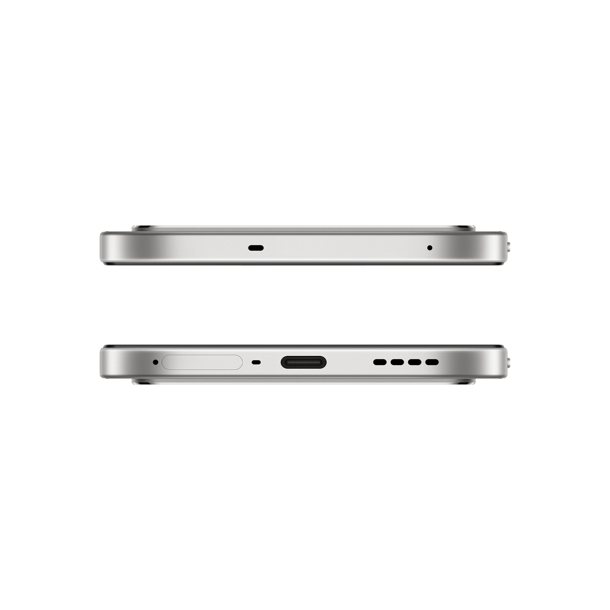 Viste dall'alto e dal basso di uno smartphone bianco con USB-C, altoparlante e microfono.