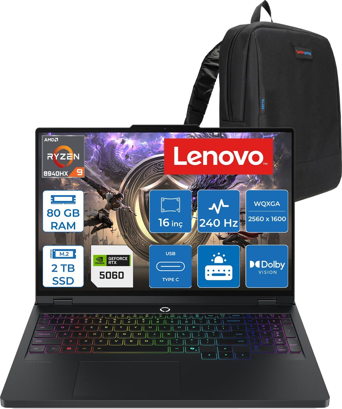 Arkadan aydınlatmalı klavyeli siyah Lenovo oyuncu dizüstü bilgisayarı ve sırt çantası.