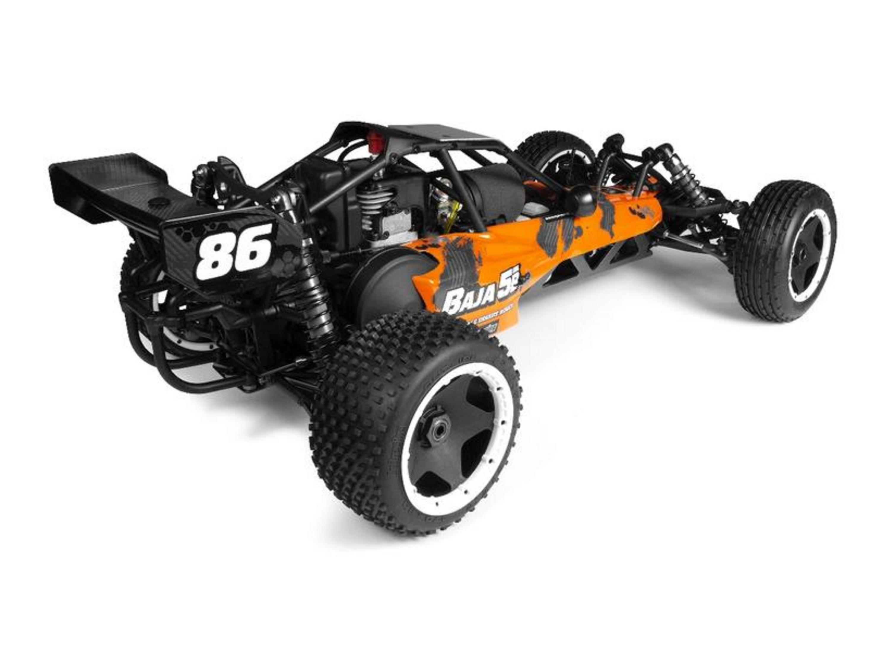 Un buggy RC naranja con el número 86 y detalles negros.
