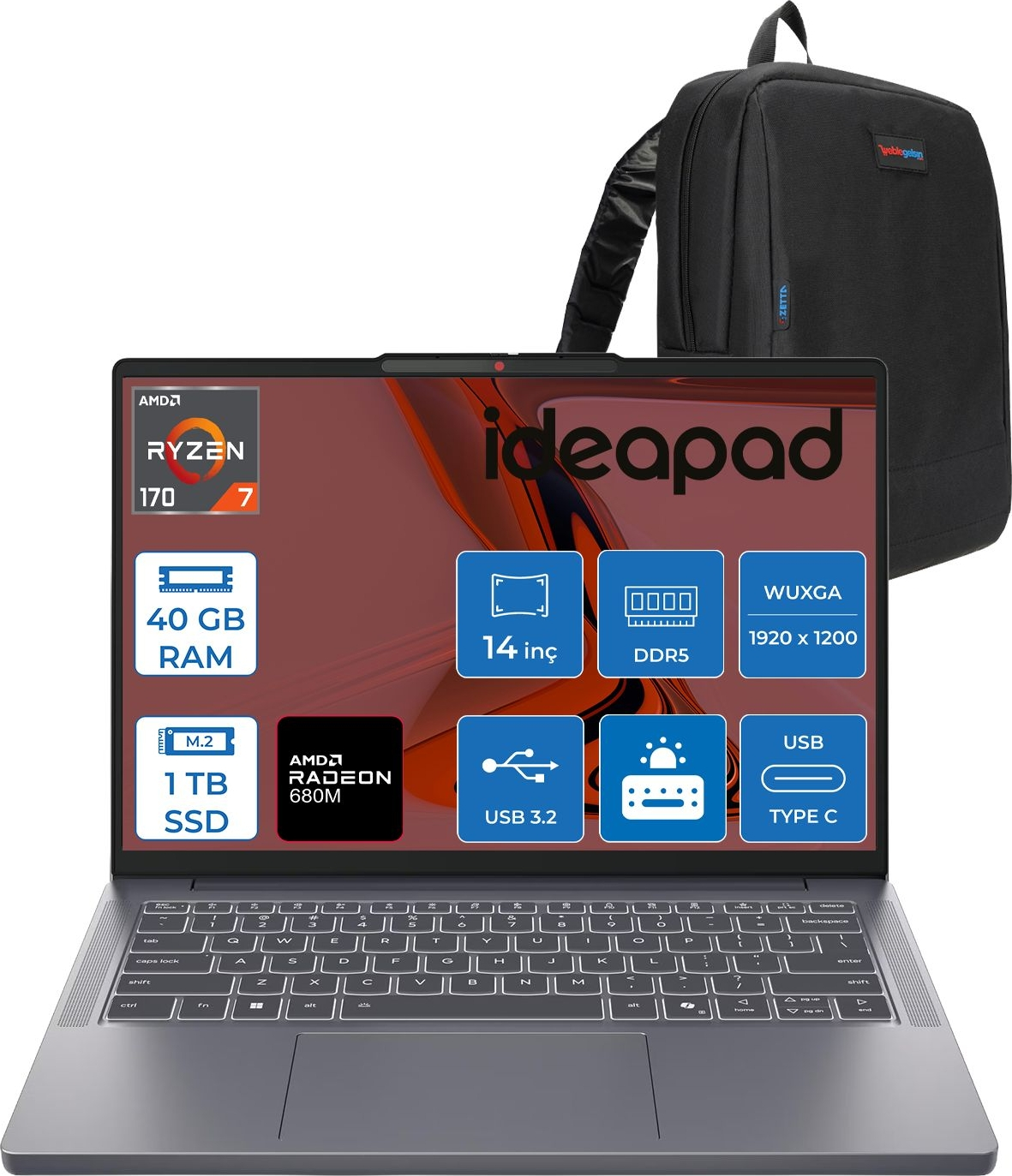 Ryzen 7, 40 GB RAM, 1 TB SSD'li dizüstü bilgisayar ve siyah sırt çantası.